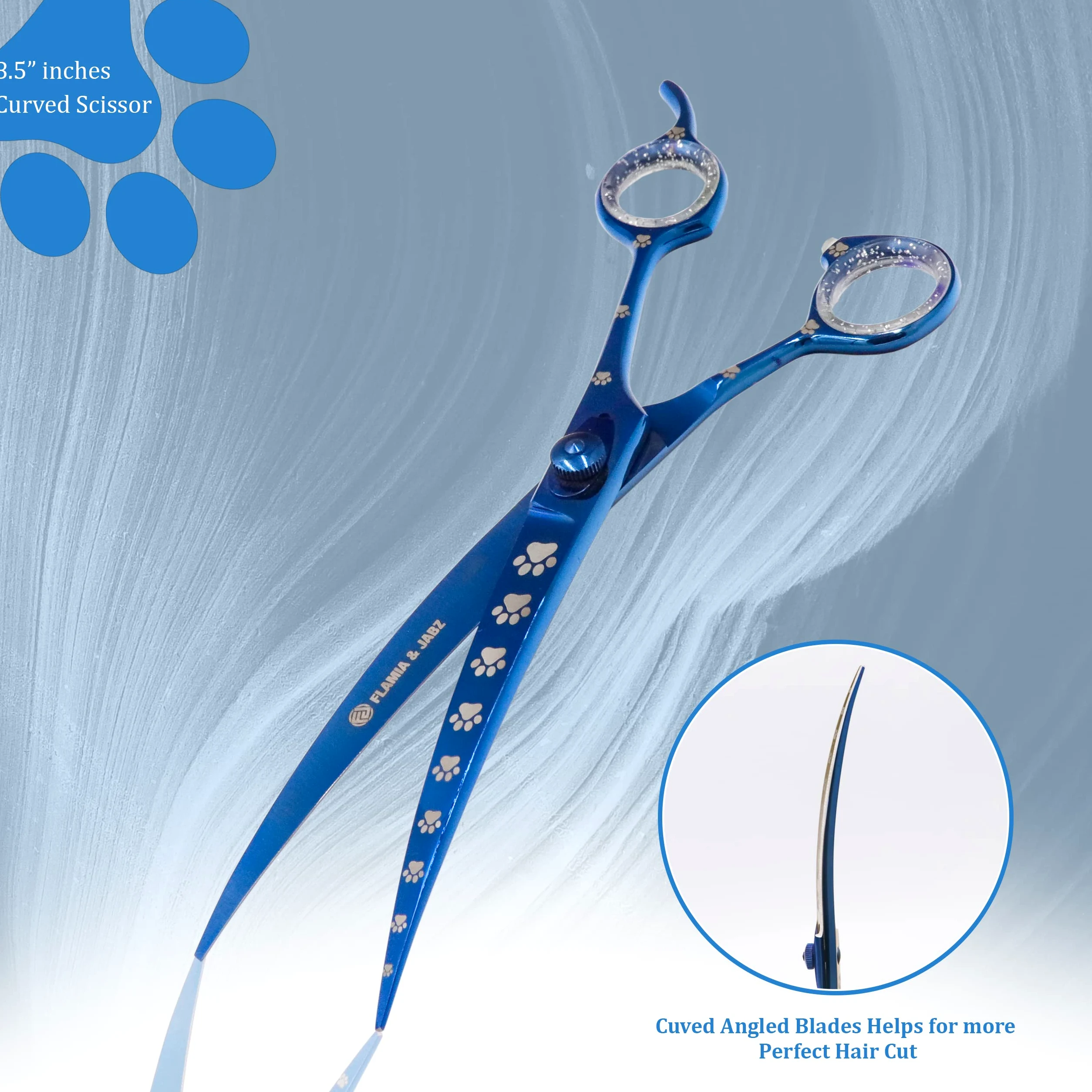 Set di forbici professionali per la toelettatura del cane, dritte, curve, diluenti/frullatore e chunker con impronte di zampe per cani, blu, acciaio inossidabile 20.5 cm)