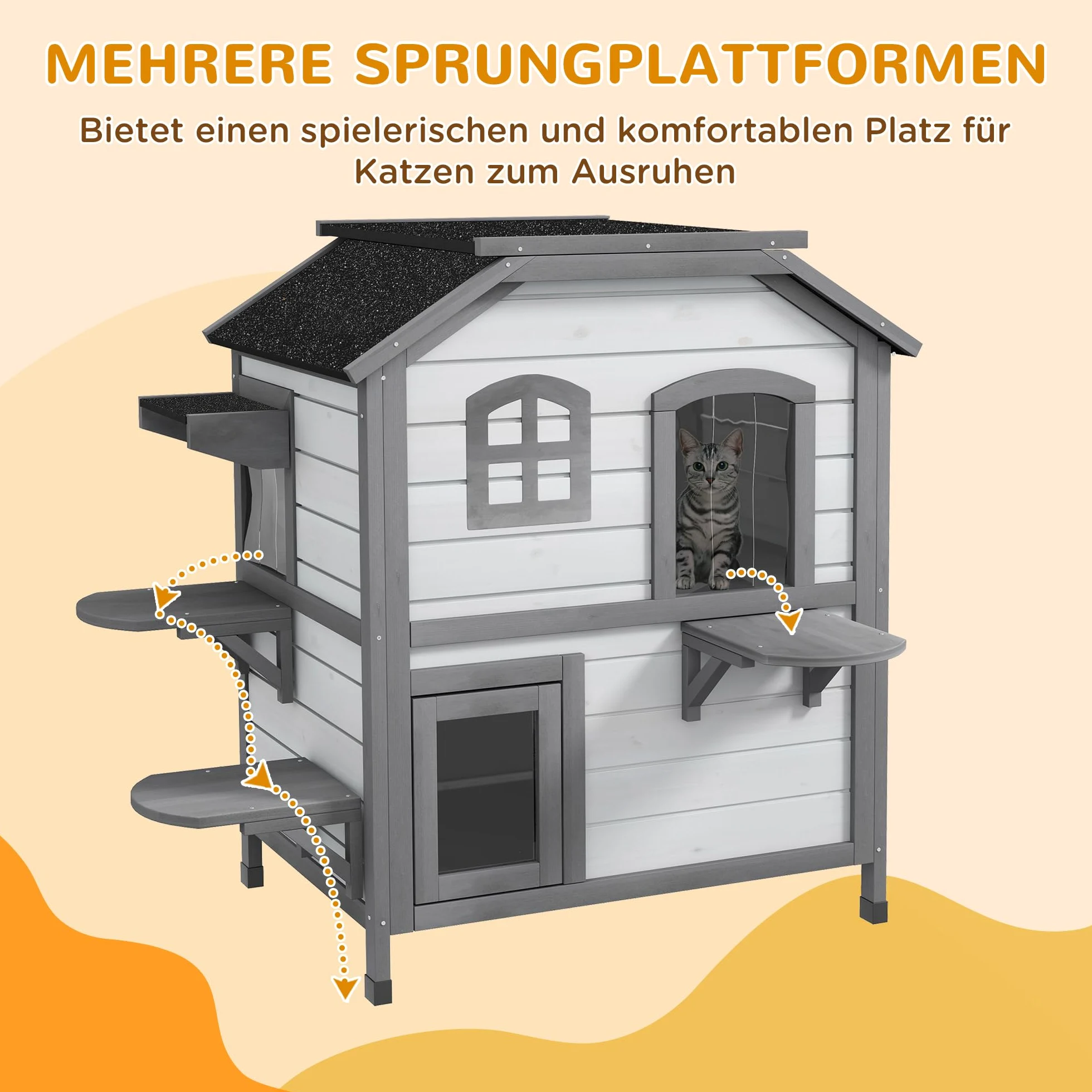 PawHut Casetta per Gatti Con Tetto in Asfalto, da Esterno Con Scale, Villa a 2 Piani, Impermeabile, da Giardino, in Legno di Abete, Bianco, 78 x 55,5 x 91 cm