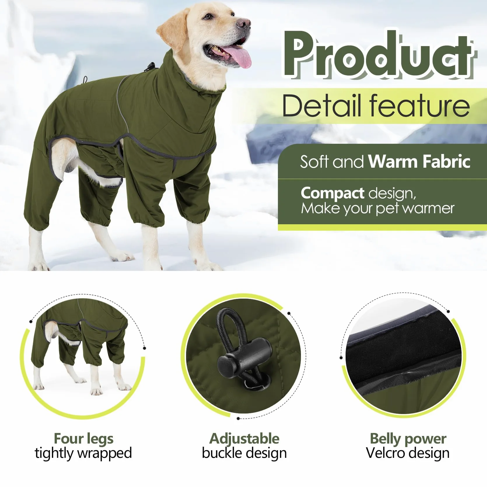 Cappotto riscaldato per cani a quattro zampe, impermeabile, regolabile, con collo alto a ritrazione, abbigliamento invernale per cani di taglia piccola, media e grande (verde, 3XL)