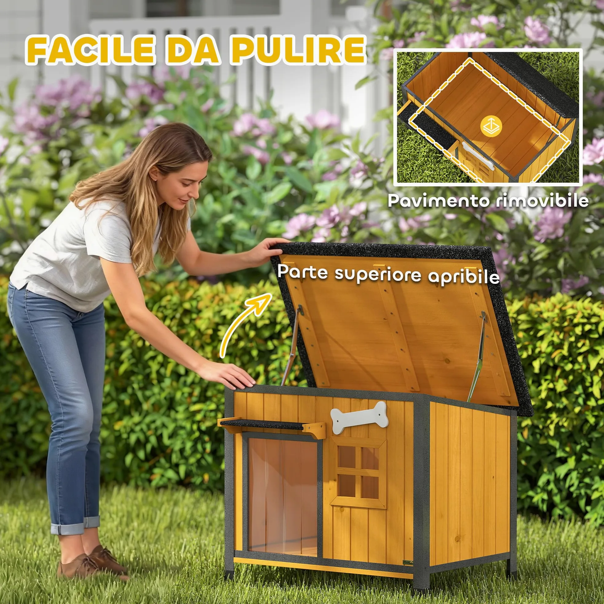 PawHut Cuccia per Cani da Esterno in Legno e Acciaio Anti-Morso, Casetta per Cani Rialzato con Tetto Spiovente Apribile e Impermeabile, Pavimento Rimovibile, Tenda per Porta, Tettoia, 84.5x62x65 cm
