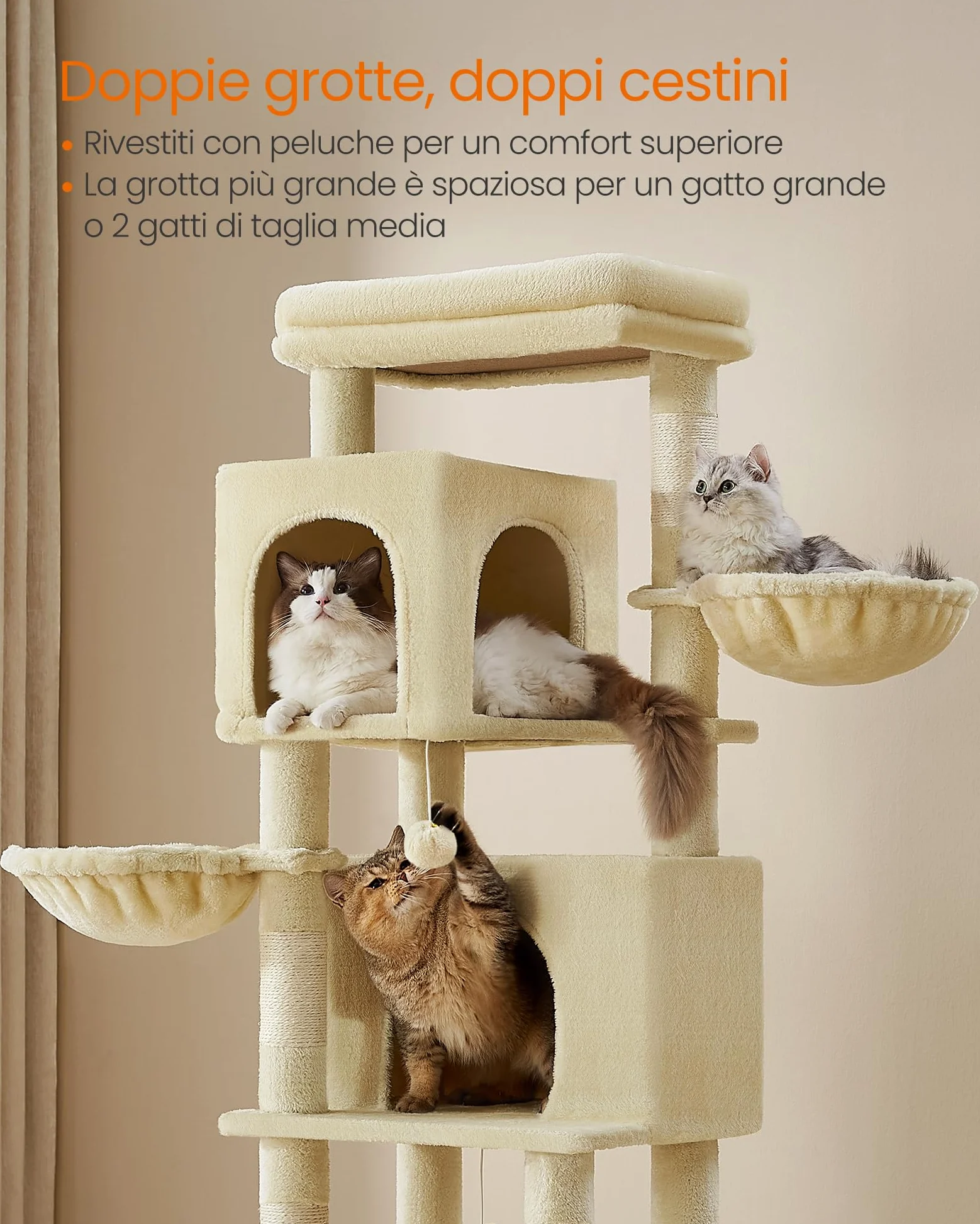 Feandrea Albero per Gatti Grande, Torre Tiragraffi Alto 175 cm, Multilivelli con 2 Grotte, 2 Cestini, 5 Graffiatoi, Autospazzola, Trespolo, Amaca, Beige Sabbia PCT182Y01