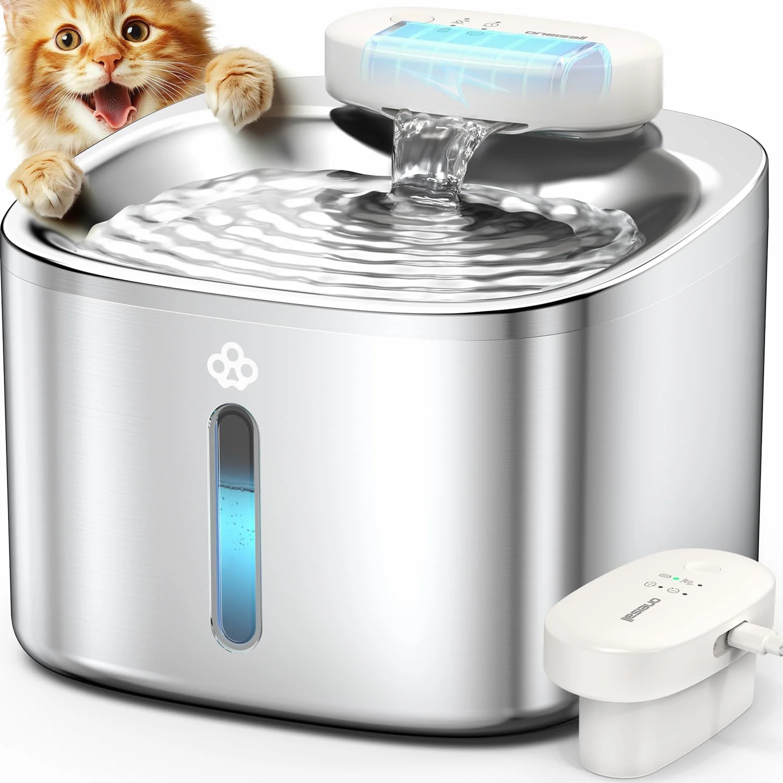 oneisall Fontana per gatti senza fili, Fontana per gatti da 3,5L in acciaio inox, batteria da 5000 mAh, fontanella per gatti con rilevatore di movimento, pompa dell'acqua silenziosa, 3 filtri