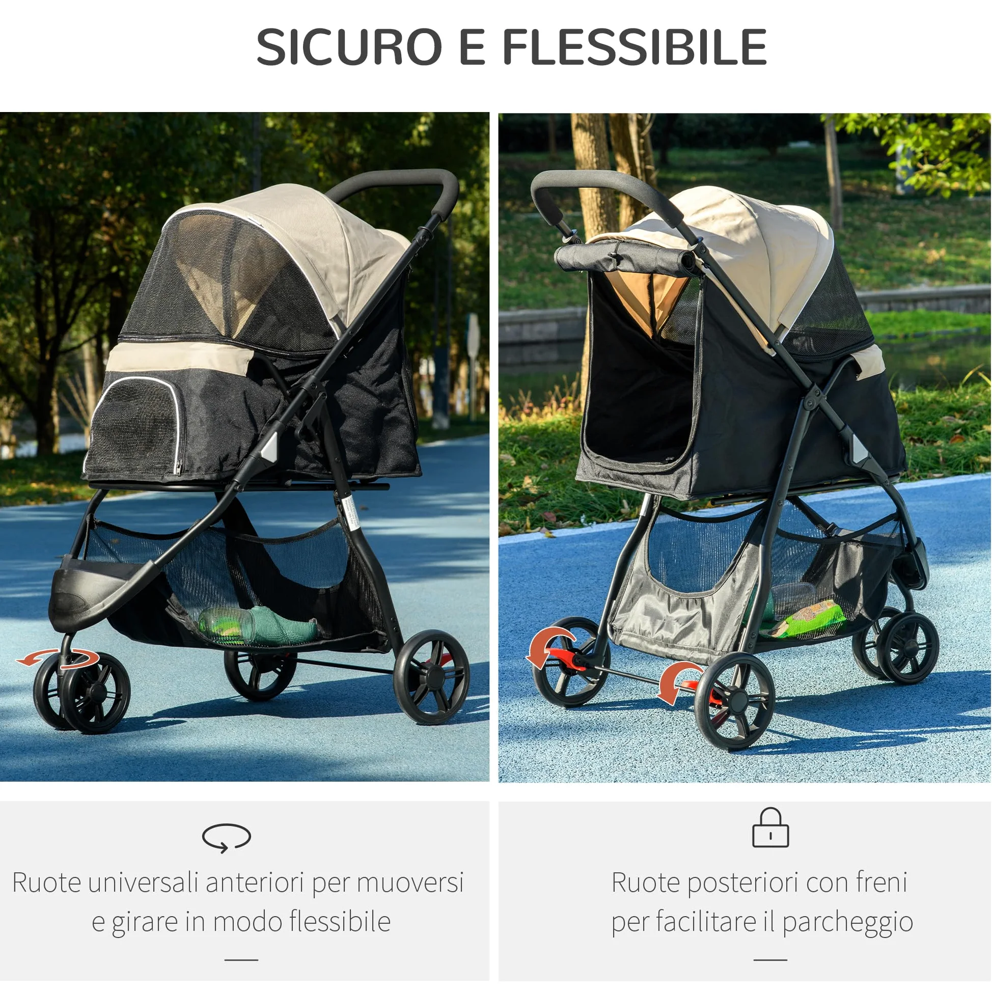 PawHut Passeggino per Cani Piccoli e Mini a 3 Ruote, Passeggino per Animali Pieghevole con Copertura Antipioggia, Cestino e Guinzaglio, Cachi