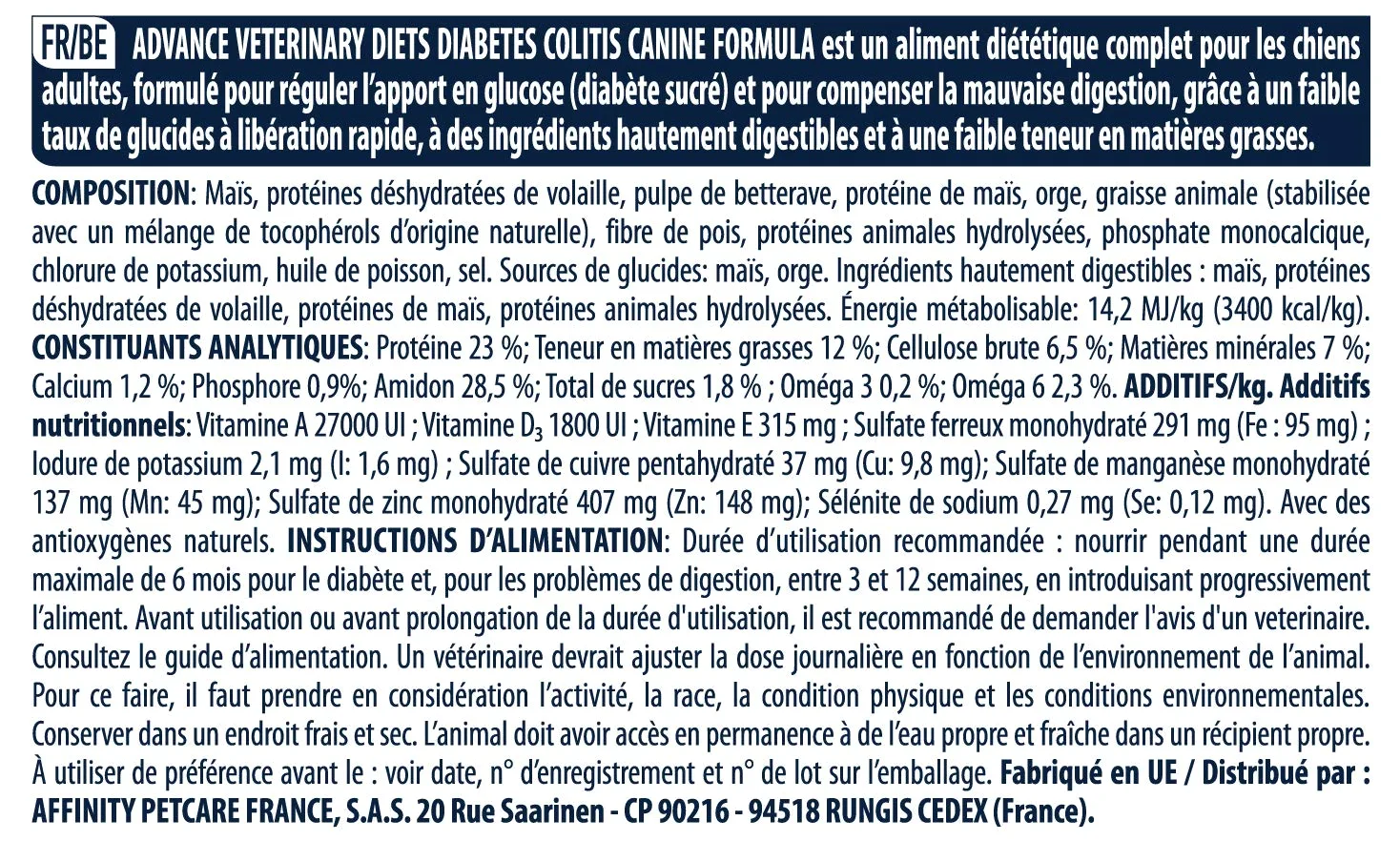 ADVANCE - ADVANCE Veterinary Diets DIABETES COLITIS CANINE - 3 Kg