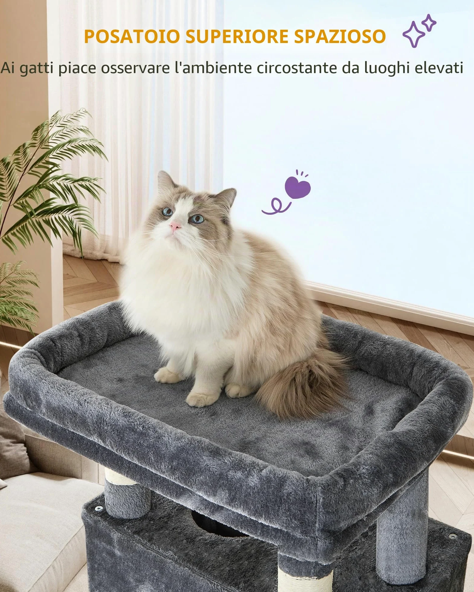 Hzuaneri Albero per Gatti, tiragraffi per gatti adulti 210 cm, xxl, giochi per gatti, Lavabile, trespolo per gattis con 2 Grotte, 8 Tiragraffi, Cestini, Amaca, Pompon, Grigio Scuro MS21018SG