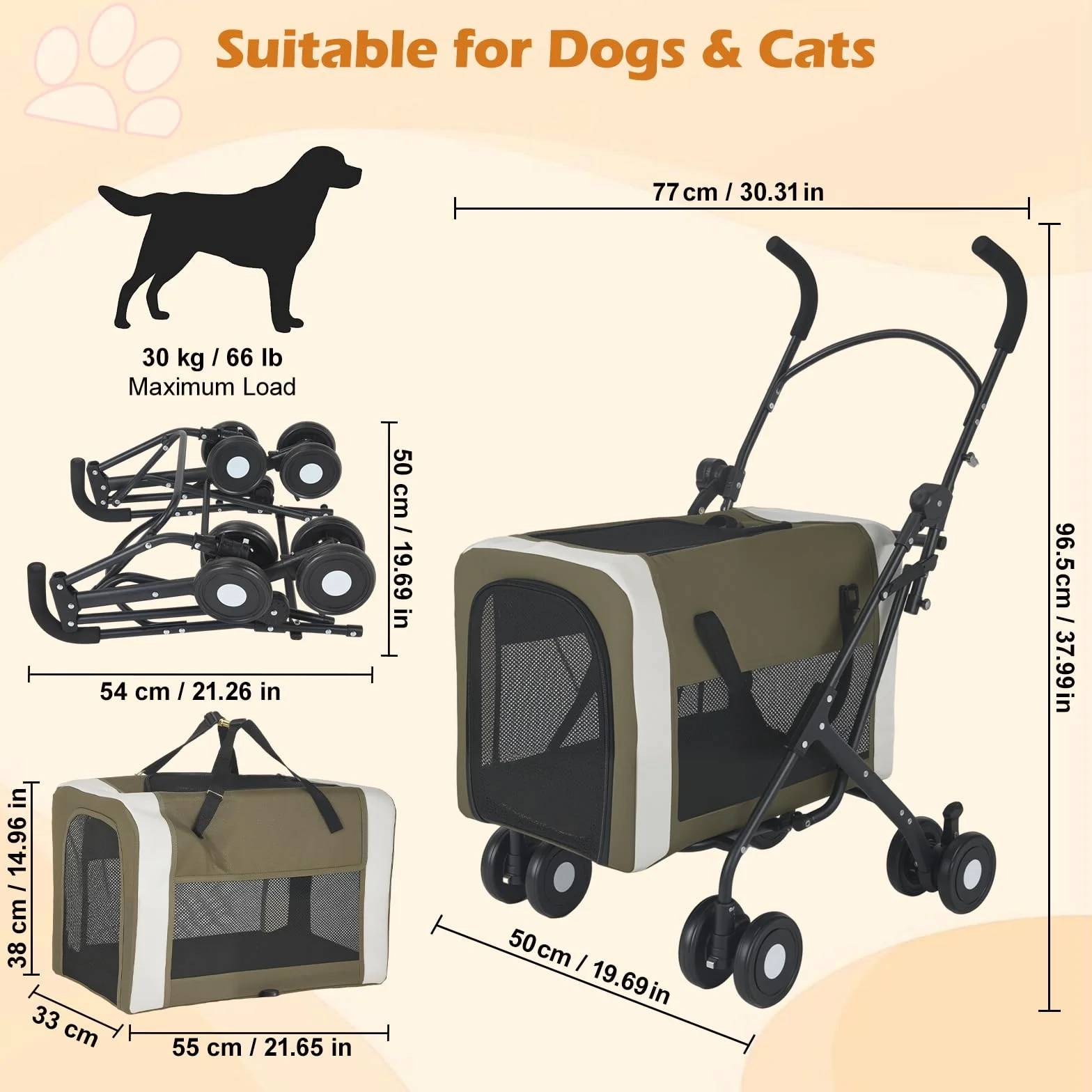 Passeggino per Animali Domestici per Cani e Gatti 30 kg, Passeggino/Trasportino per Animali Domestici 2 in 1, Cestino Pieghevole con Doppio Ingresso, Passeggino per Cani Esterno Portatile