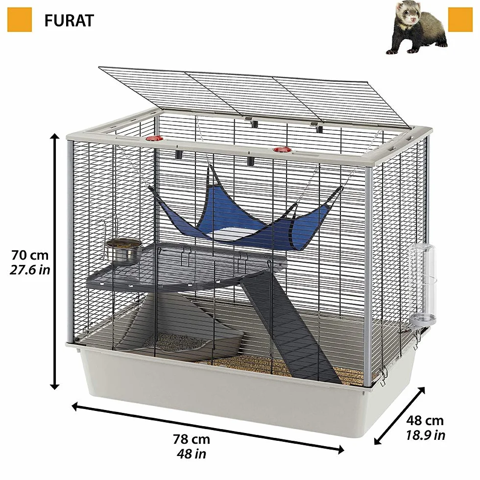 Ferplast Confortevole gabbia per furetti e ratti FURAT, Struttura su più livelli con accessori inclusi, Angoli rinforzati, Metallo verniciato Nero e plastica, 78 x 48 x h 70 cm