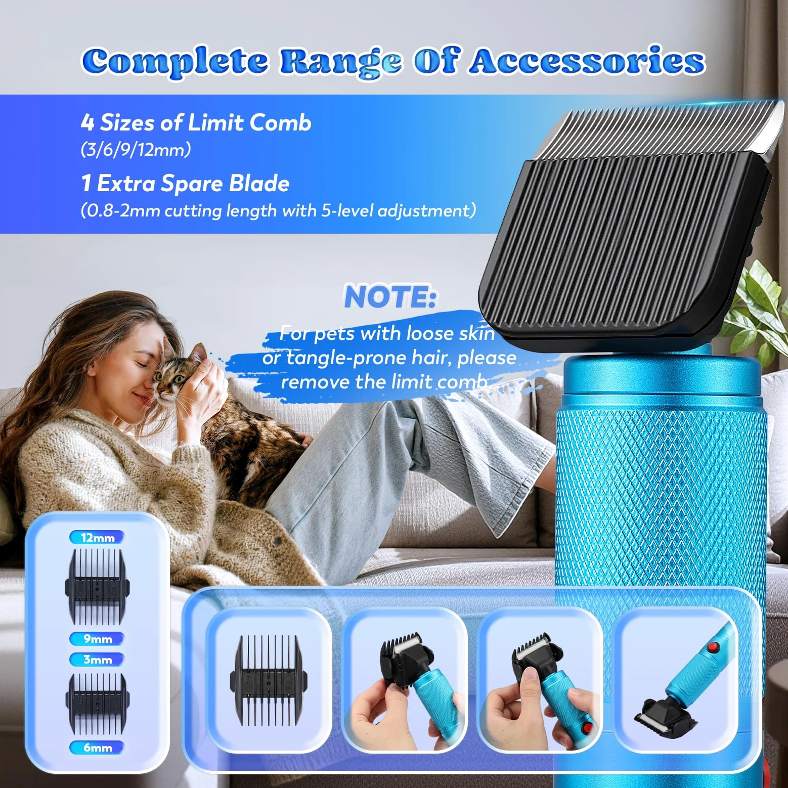 Moongiantgo Tosatrice per Cani Professionale da 300W, Controllo della Velocità 2000-6000RPM, Lame in Ceramica Rimovibili, Rasoio per Cani con 1 Lama Extra & 2 Pettini (Blu)