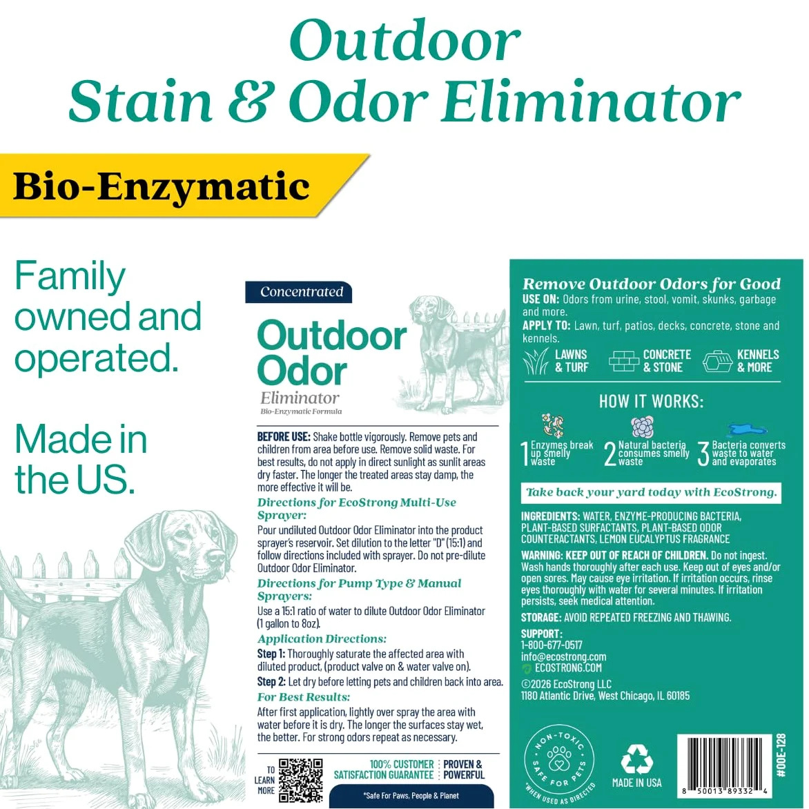 Eco Strong Eliminatore di odori per esterni, detergente enzimatico per l'urina del cane, potente deodorante per animali domestici, gatti, animali, forza professionale per cortile, tappeto erboso,