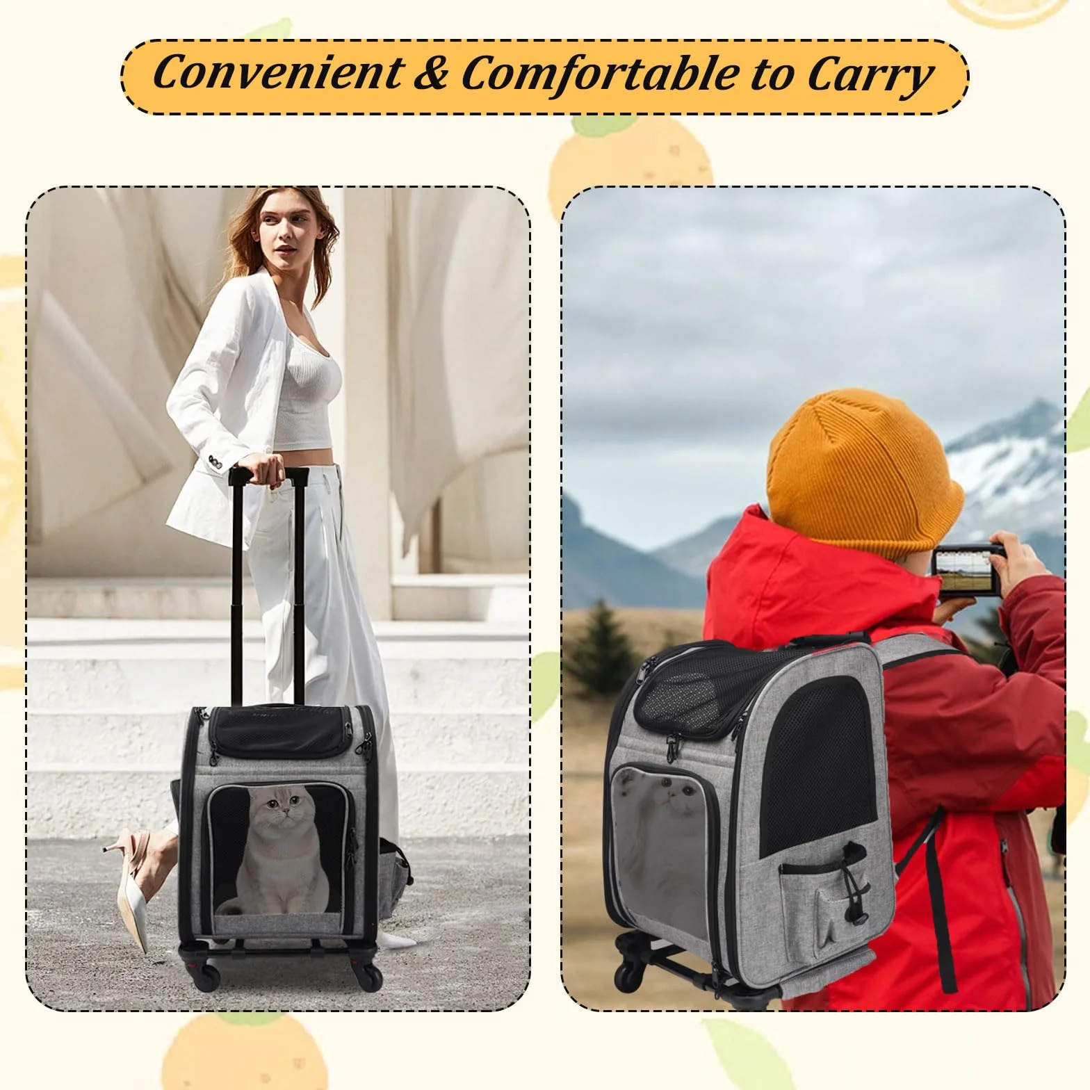 Trasportino Gatto con Ruote, Trasportino da Viaggio per Animali, Zaino Trolley per Cani Gatti con Tasche, Portatile Traspirante, per Cani Piccoli Gatti Medi Fino 15 KG per Viaggi Lunghi Corti