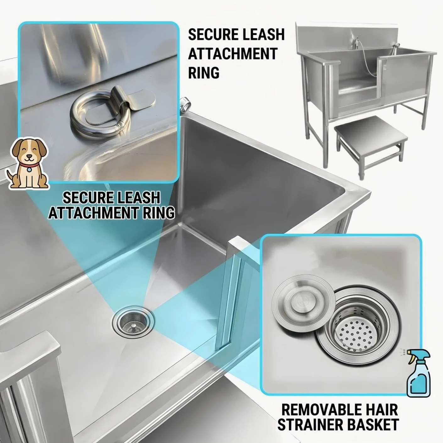 Vasca da Bagno per Cani in Acciaio Inox 304, Vasca Toelettatura Professionale con Pedana di accesso e Porta Scorrevole, Stazione Lavaggio Cani Antiscivolo con Miscelatore fino a 100 kg (47.24in)