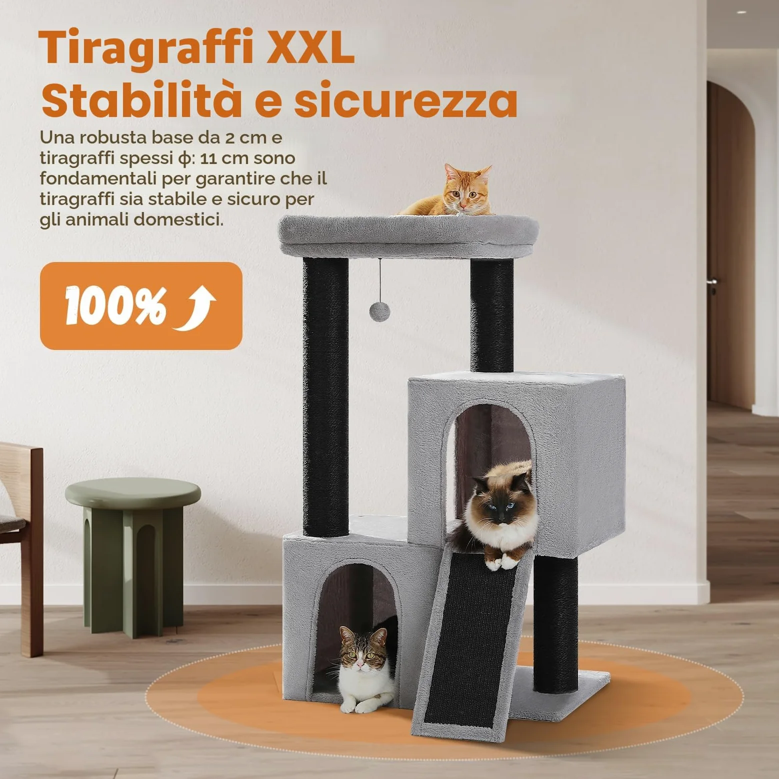 PETEPELA Grande tiragraffi spessore 11 cm tronchi con doppia grotta estremamente grande, completamente rivestito in sisal, adatto per gatti di grandi dimensioni, 114 cm, colore: nero/grigio