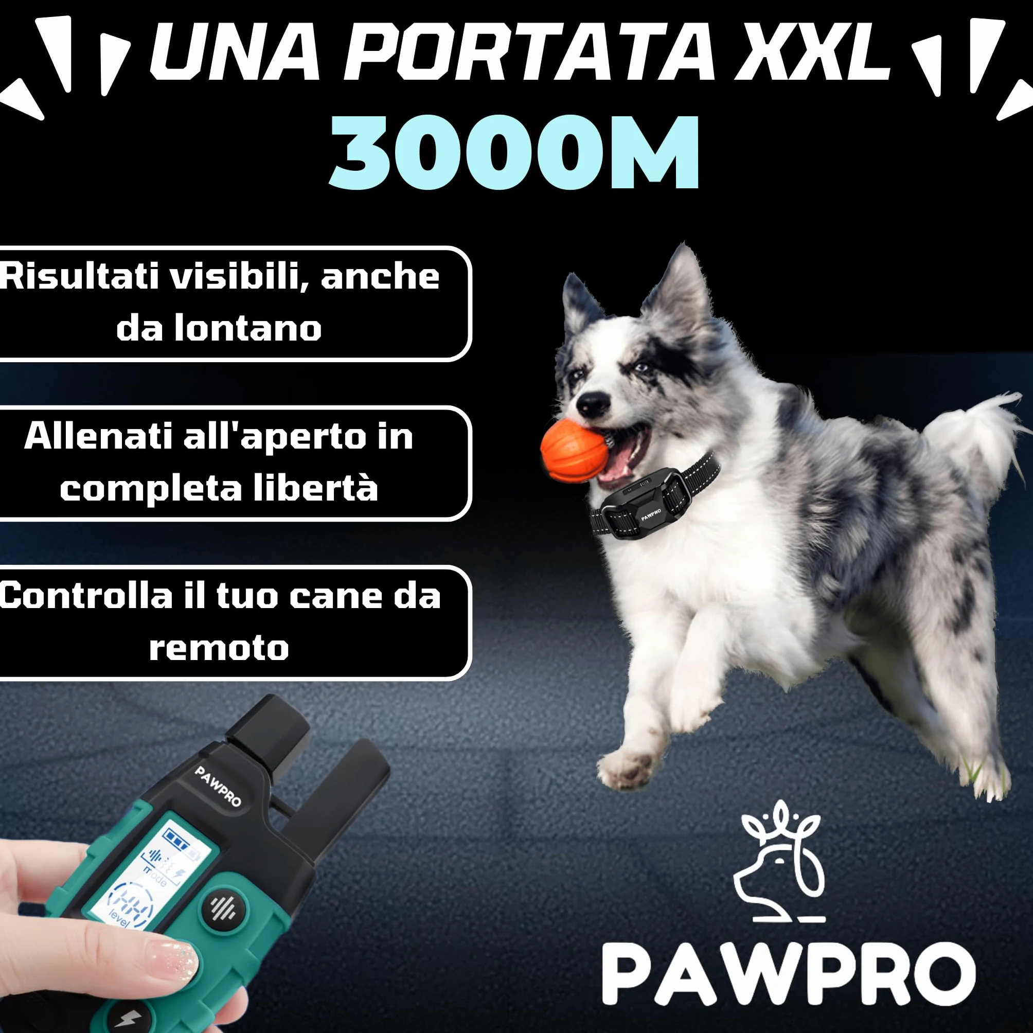 PAWPRO Collare da Addestramento per Cani | Portata XXL di 3000 m | Conforme Nuova Legge Benessere Animali 2024 | 3 moda Beep, Vibrazione, Boost Vibrazione | Per cani di Tutte le Taglie | Manuale IT