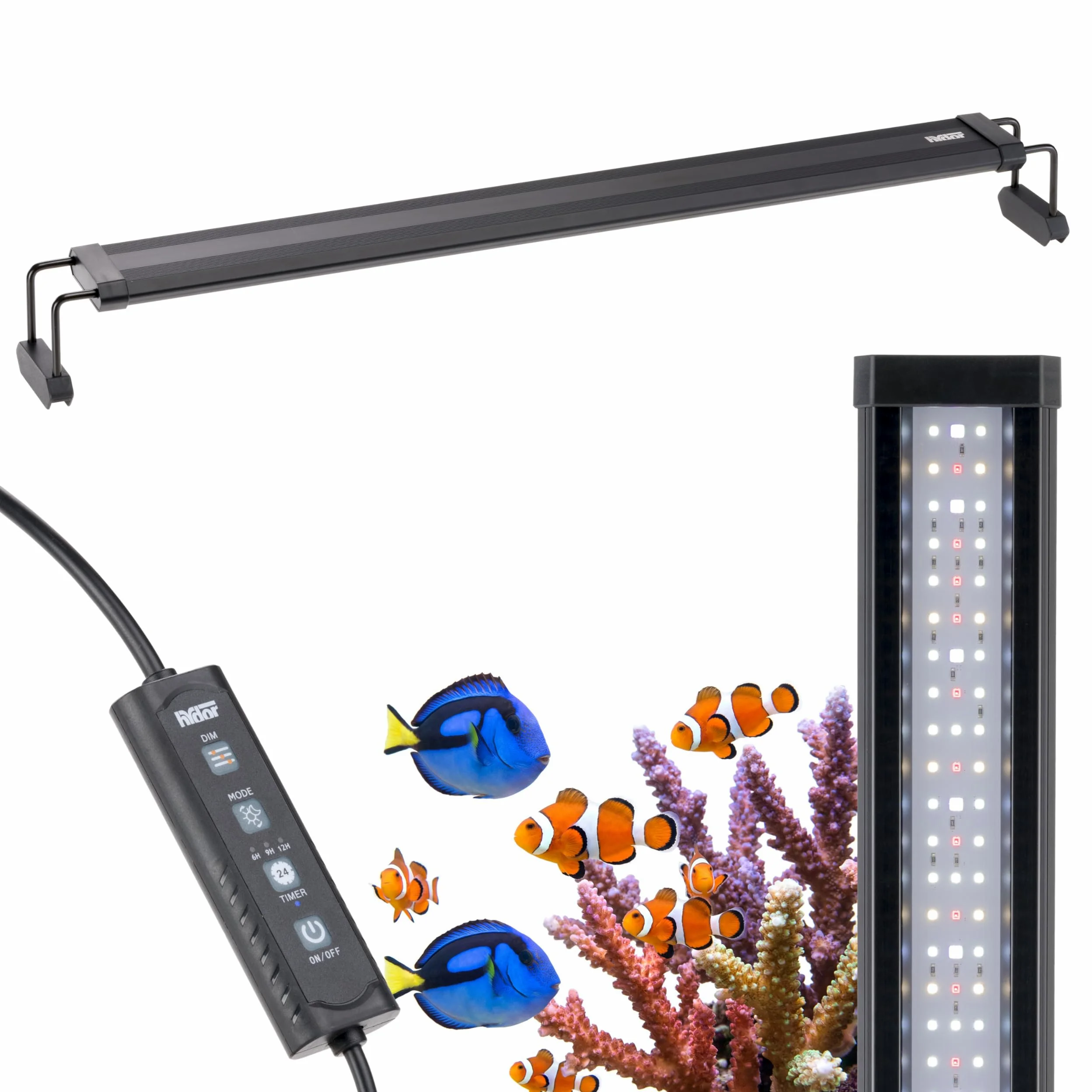Hydor AQ-LUX REEF 700 Lampada LED per Acquario Marino 36 W (1400 lm) Spettro professionale, Dimmer e Timer Programmabile, Staffe Regolabili, Alimentatore Incl, IP67, 72 x 8 x h 9,5 cm.