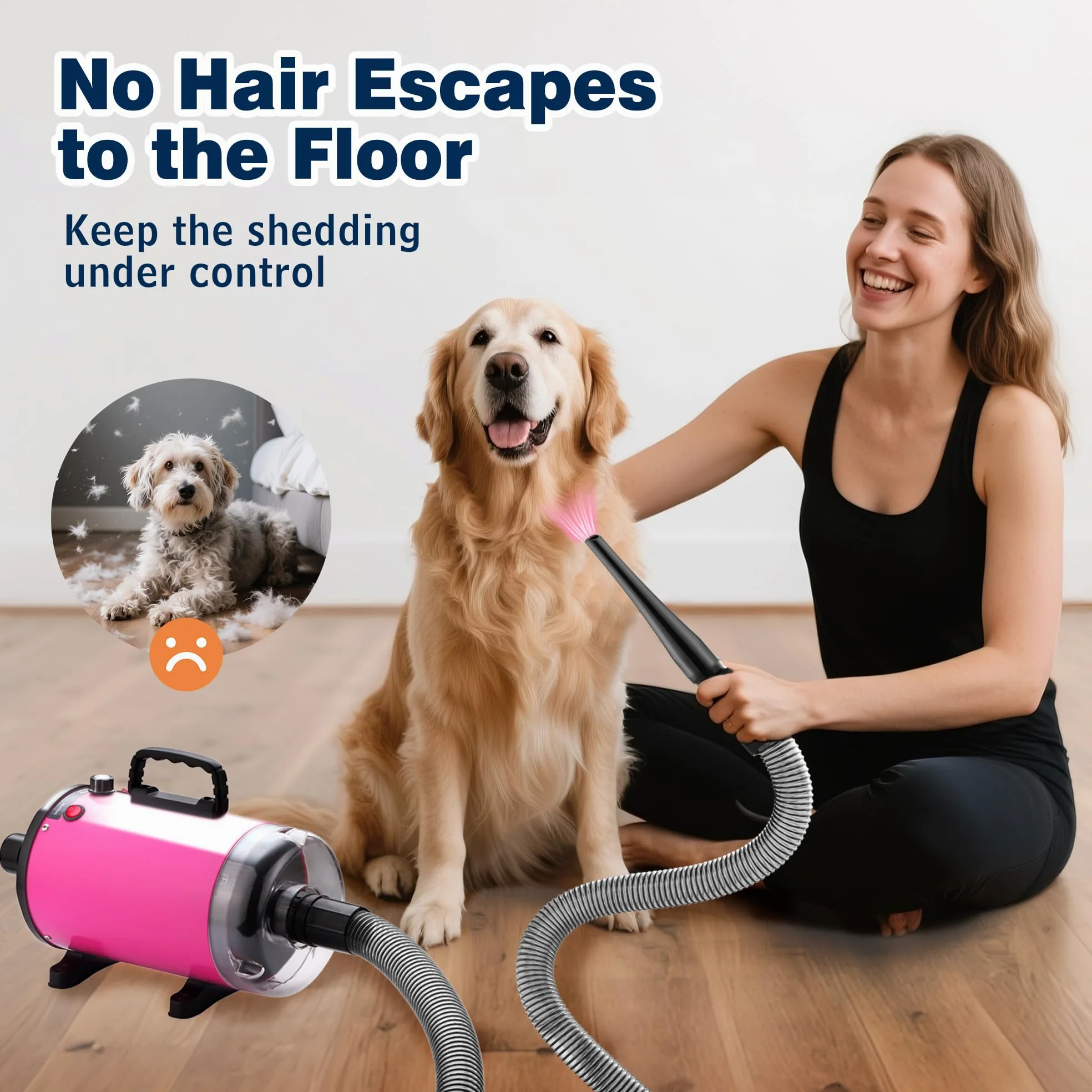 DEWINNER Asciugacapelli per cane Blower 3800 W, Pulsore per cani con aspirapolvere, velocità e temperatura regolabili, 5 ugelli, tubo elastico e spazzola di manutenzione