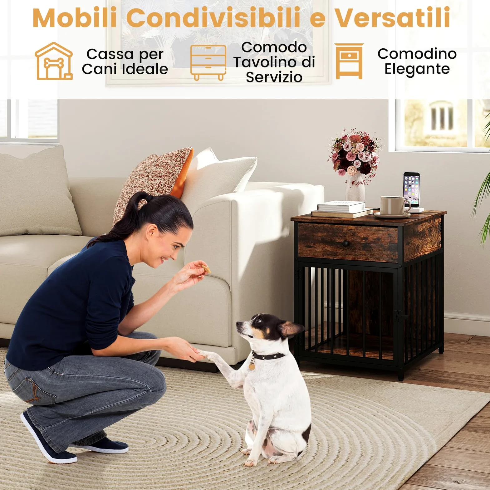 COSTWAY Gabbia per Cani con Stazione di Ricarica e Armadietto Multiuso | Cuccia per Cani in Legno con 2 Prese AC, 2 Porte USB e 1 Porta Type-C, Cassetto e Tubi Metallici, 81 x 37 x 115 cm