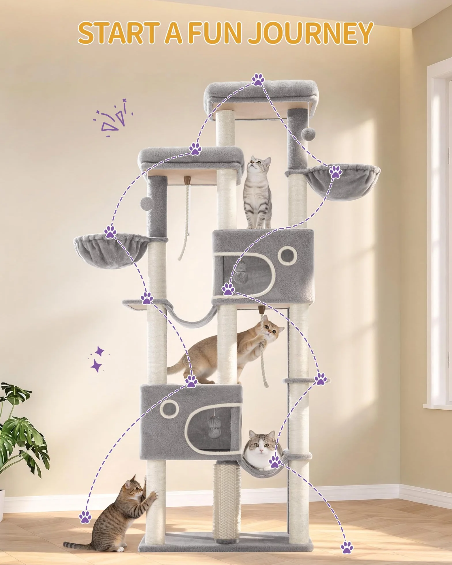 Hzuaneri Albero Tiragraffi Grande per Gatti, Torre per Gatti da Interno 213 cm con 2 Piattaforme XL, 2 Grotte, 10 Pali in Sisal, 2 Amache e Massaggiatore, per Maine Coon, Grigio Chiaro, MS21418LG