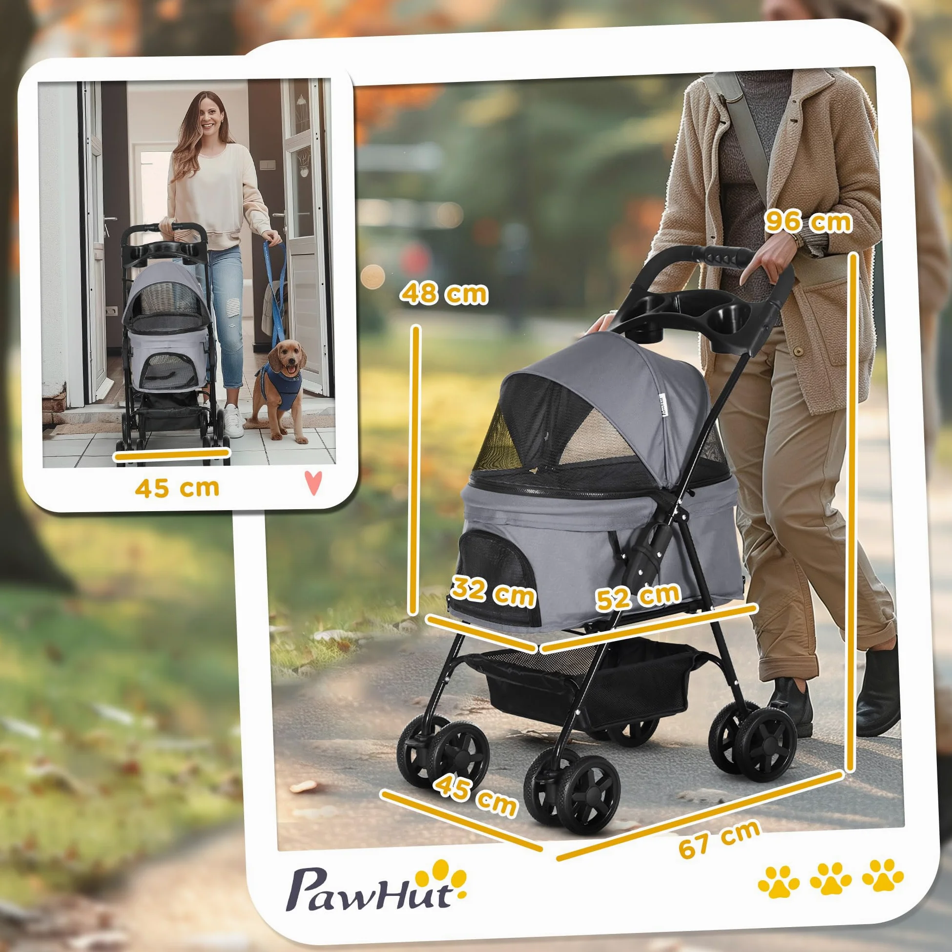 PawHut Passeggino per Cani Piccoli Pieghevole, Passeggino Leggero per Animali con Ruote Girevoli, Guinzaglio di Sicurezza e Cestino Portaoggetti, 67x45x96cm, Grigio