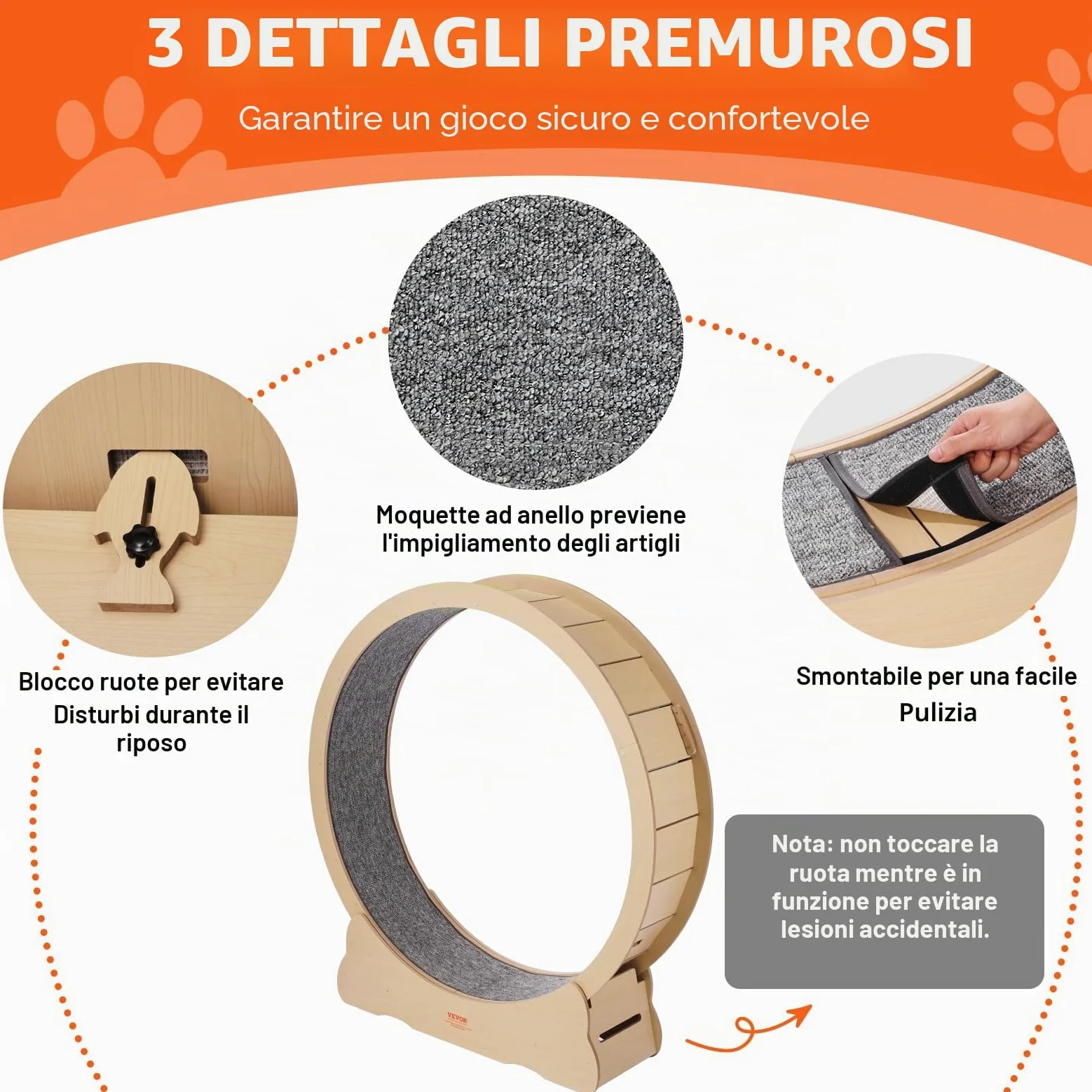 VEVOR Cyclette per gatto in Legno, Tapis Roulant Diametro 1320 mm, Ruota per Esercizi con Tappeto Rimovibile per gatto
