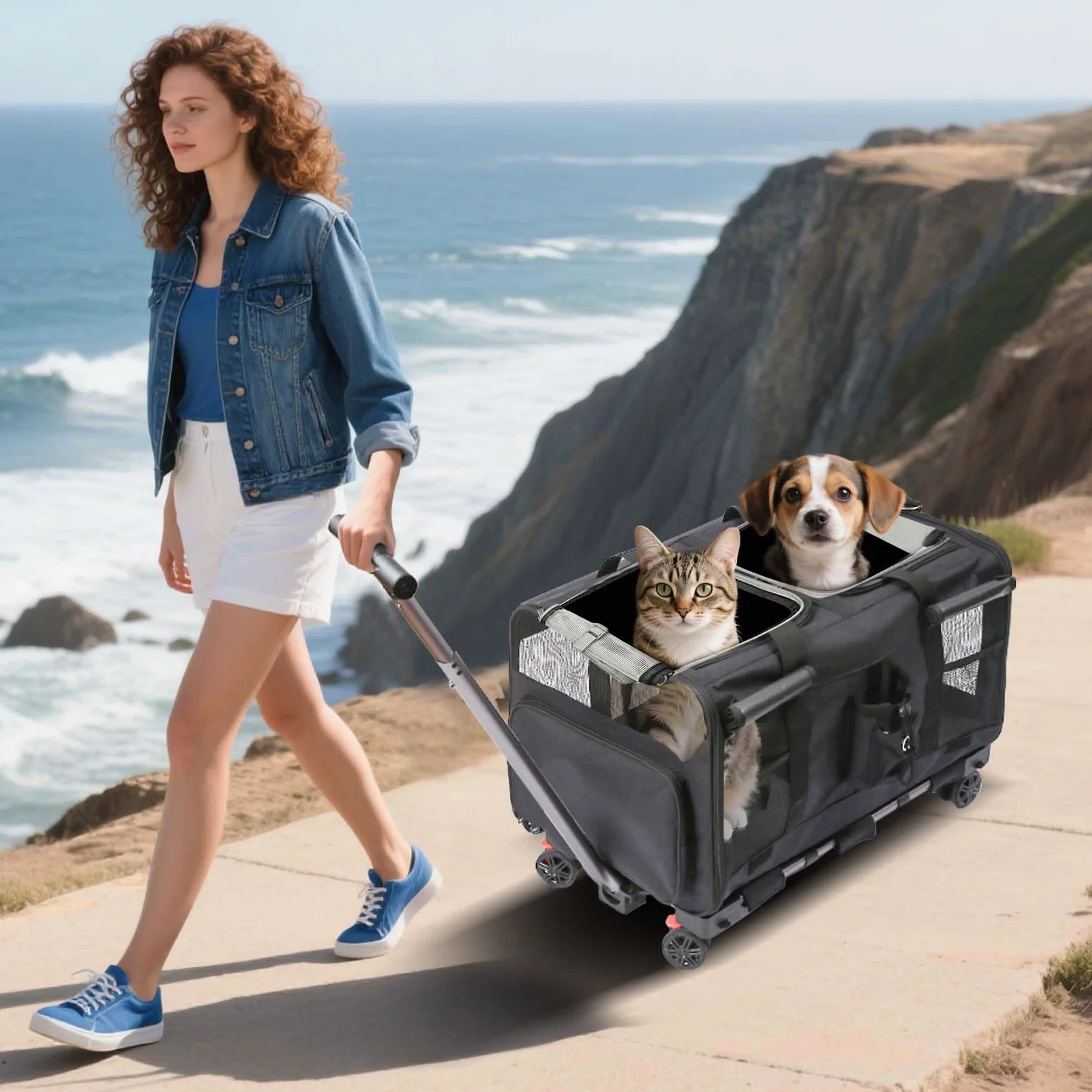 PETCUTE Trasportino Doppio Scomparto per Gatto/Cane con Ruote Staccabili,Pieghevole Trasportino per 2 Gatti/Piccoli Cani/Conigli, Traspirante Trasportino per Animali con Guinzaglio di Sicurezza,Nero