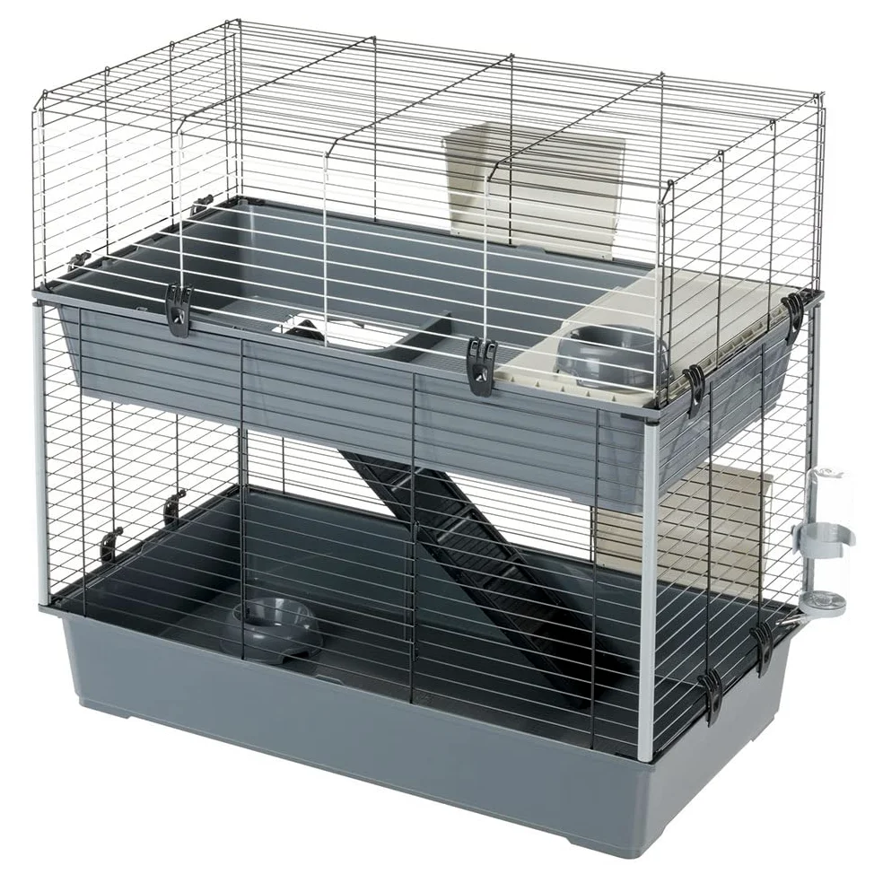 Ferplast Gabbia per conigli a due piani RABBIT 100 DOUBLE, Casetta per piccoli animali, Conigliera con Accessori inclusi, in Metallo verniciato Nero e plastica, 95 x 57 x h 93,5 cm