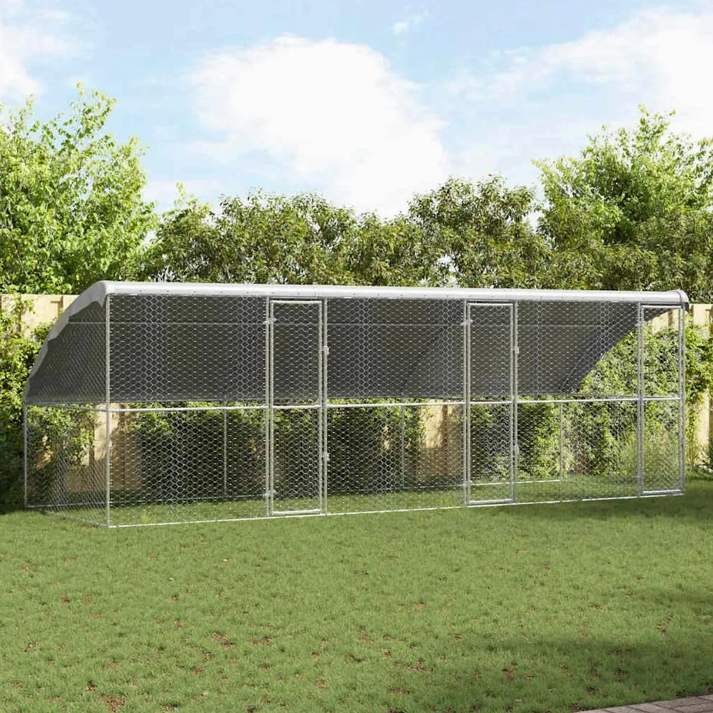 Set di 3 gabbie per cani, colore argento, 600 x 200 x 200 cm | Ampio recinto da giardino con tettuccio protettivo e sistema di bloccaggio per esterni.