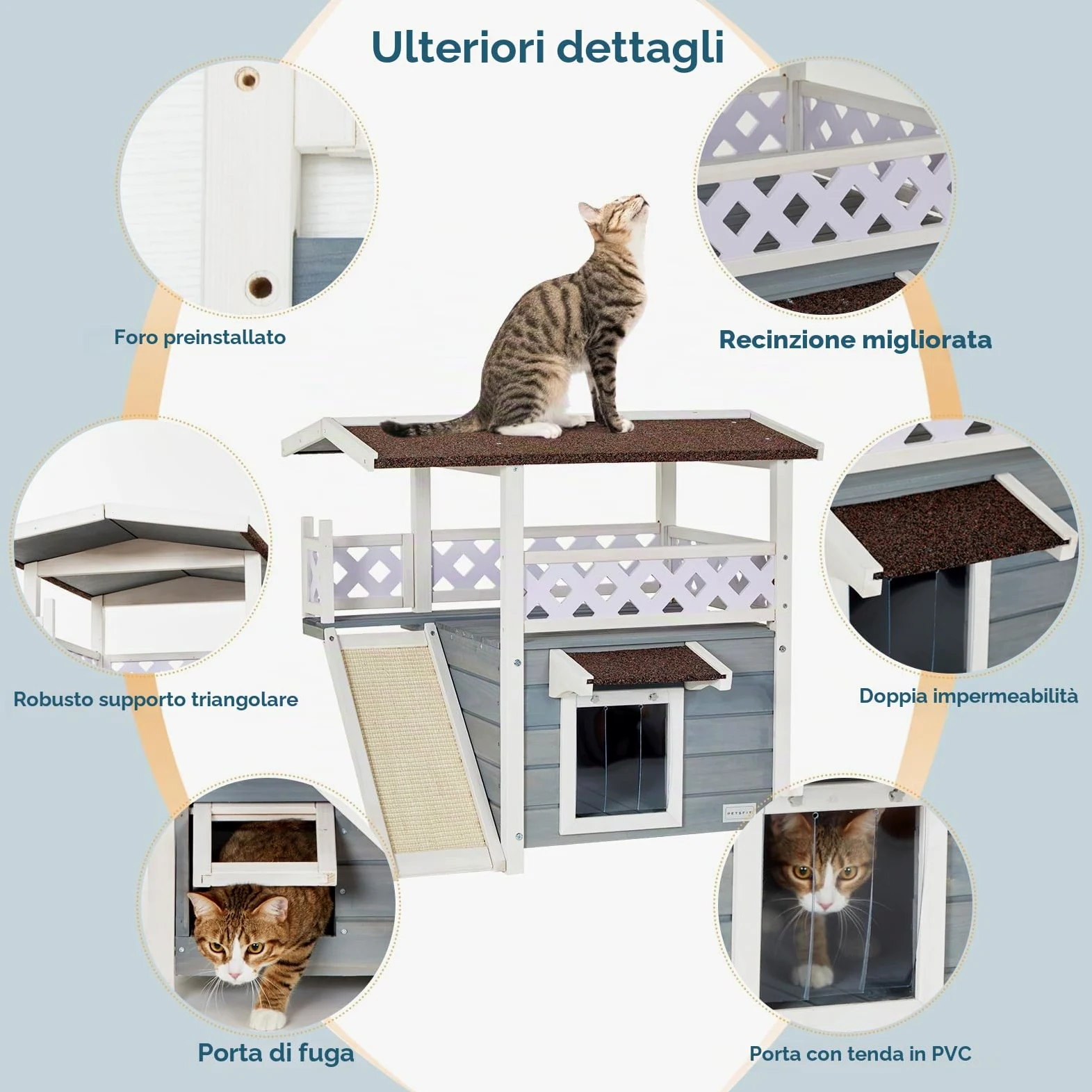Petsfit Casetta per Gatti in Legno, con Tetto Asfalto, Cuccia per Gatto da Esterno (Grigio con tiragraffi, 76x56x72.4cm)