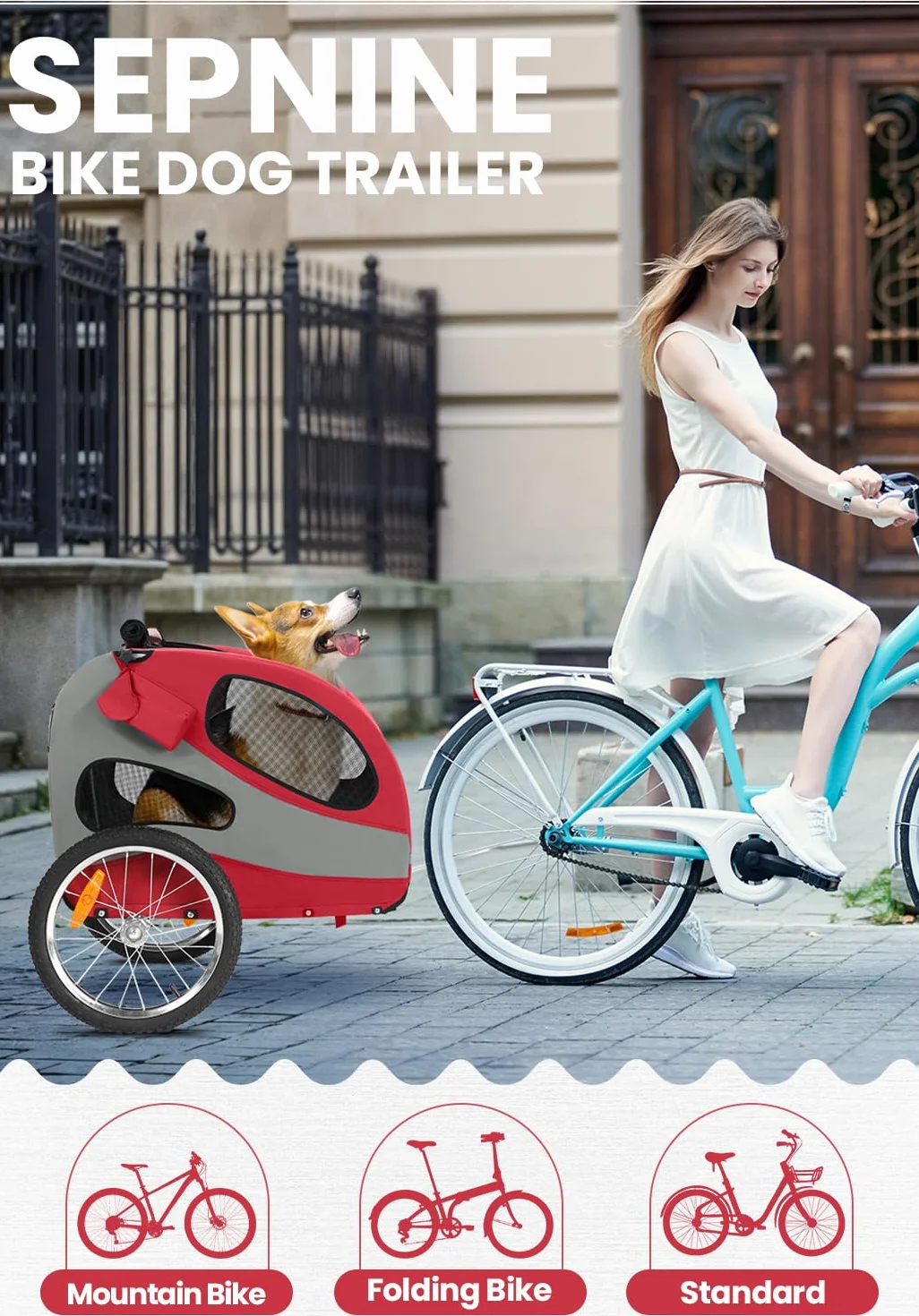 Sepnine Rimorchio per bicicletta per cani – Pieghevole con riflettori di sicurezza, borsa portaoggetti, imbottitura integrata e corde di sicurezza, portata massima