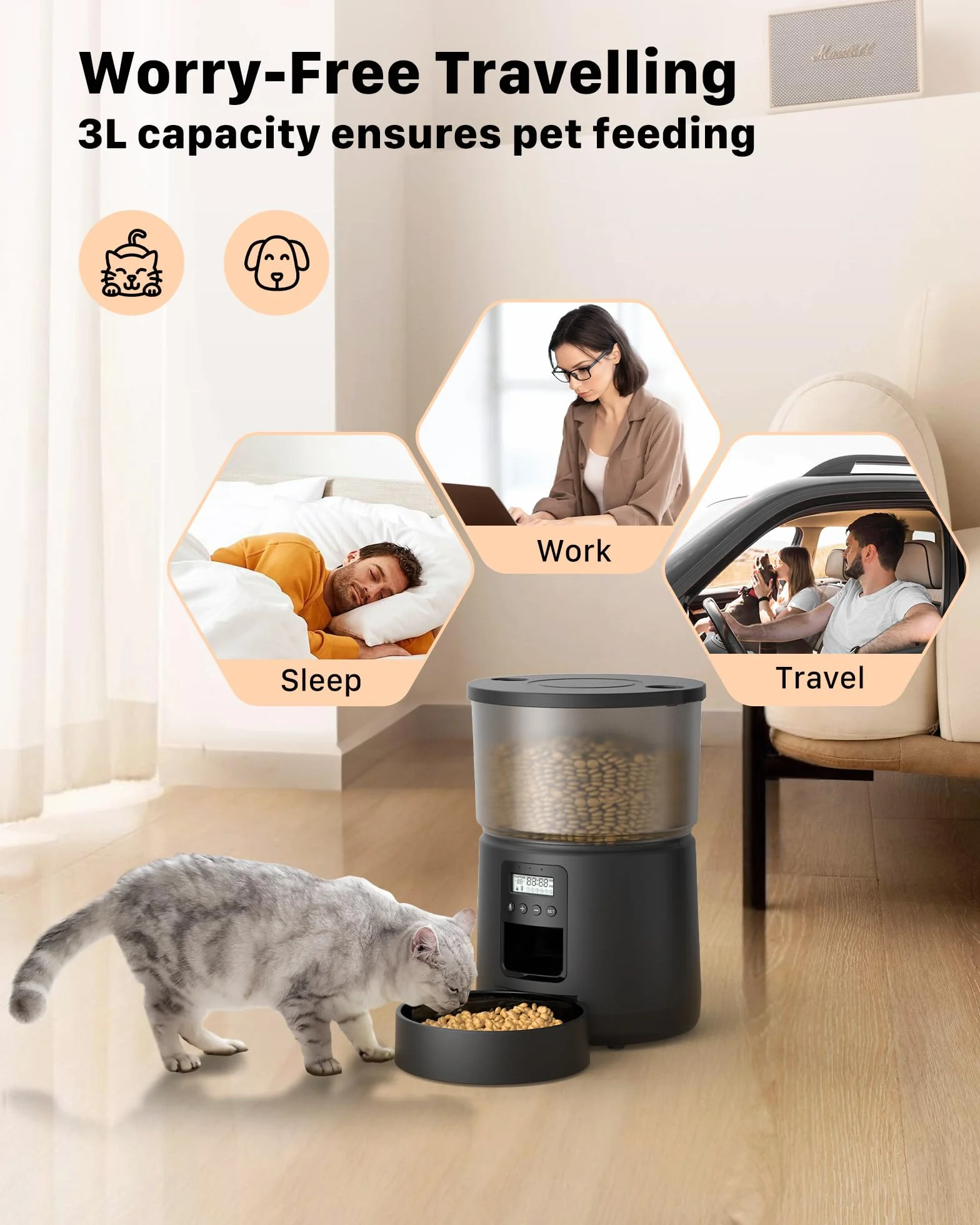 Distributore Automatico Cibo Gatti - Dispenser Cibo Cani con Timer Programmabile - 1-6 Pasti al Giorno - Distributore Cibo Cani con Premere Sulla Copertina e Funzione di Registrazione 10s - 3L