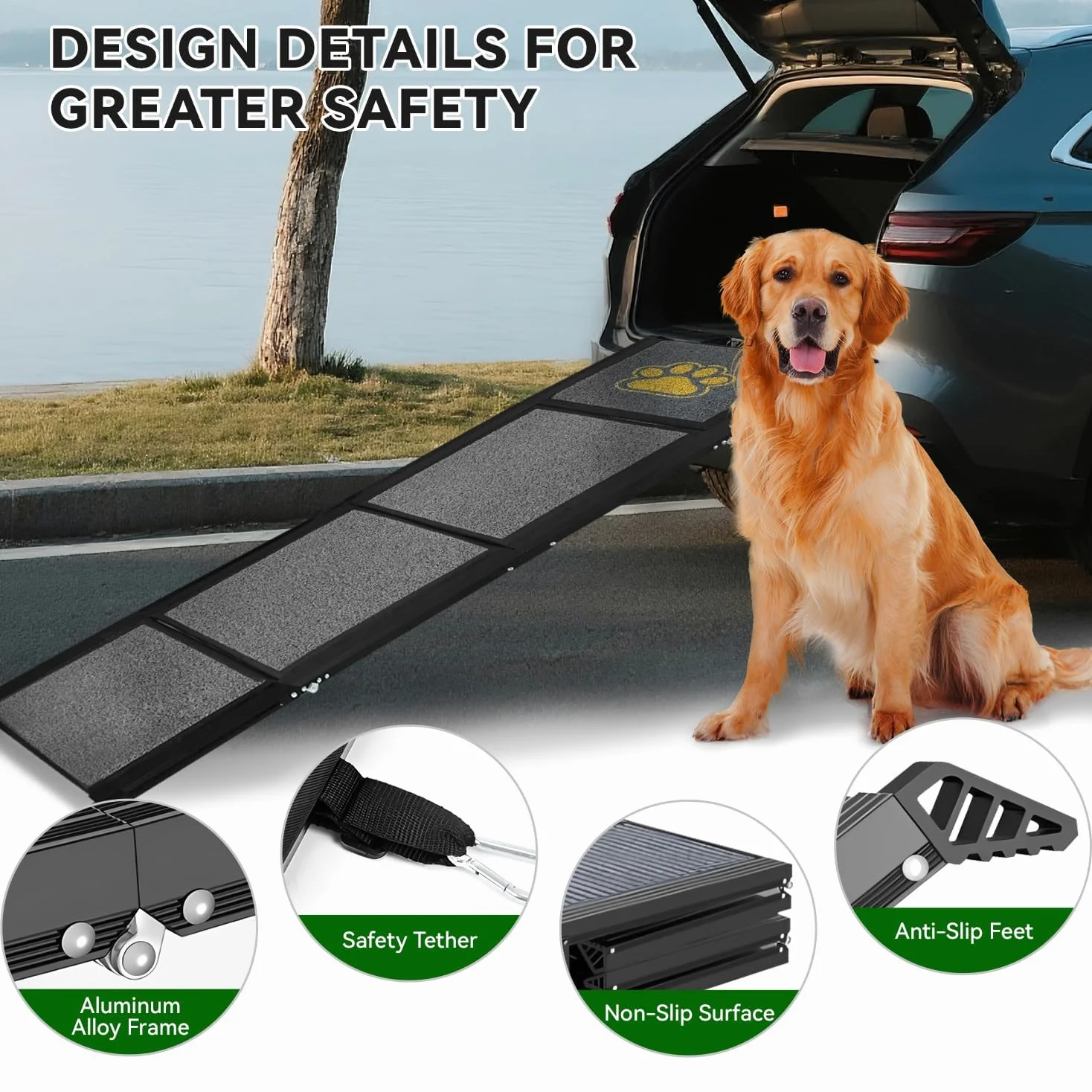 Rampa per cani da auto, pieghevole, 170 x 44 cm, colore grigio, con superficie antiscivolo, fino a 70 kg, leggera in alluminio, per auto, camion, SUV e scale all'aperto