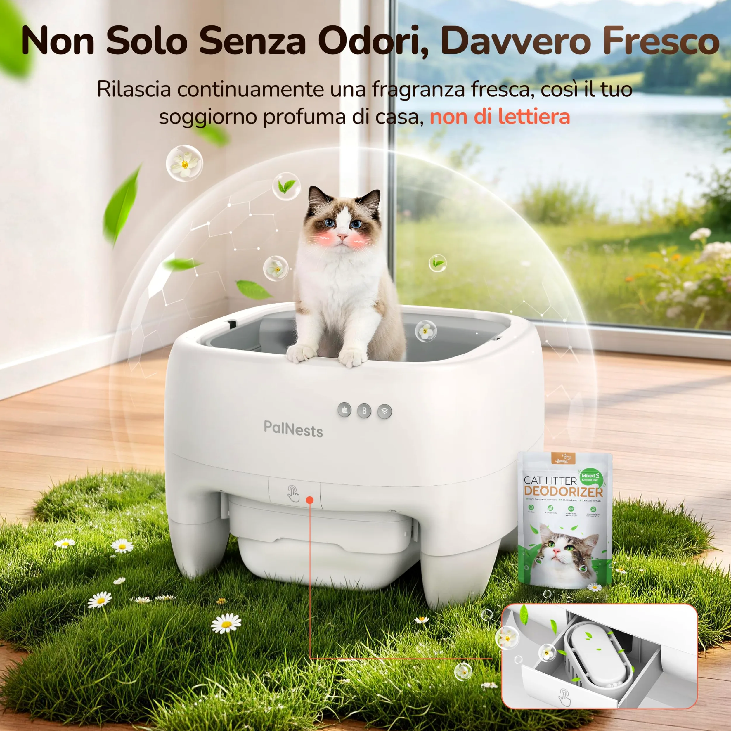 Lettiera Gatto Autopulente, Lettiera Automatica per Gatti Sicurezza Anti-Pizzicamento, Design Aperto con Ingresso dall'Alto per Gatti Grandi e Multipli, Controllo APP, Deodorizzazione, Bianco