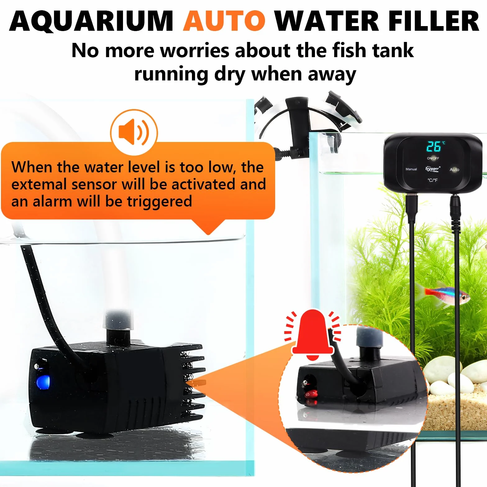 hygger ATO Sistema di Riempimento Automatico Acquario, Osmolatore Acquario ATO Sistema di Riempimento Automatico con Pompa, Aquarium Refill Automatic Water Level Controller
