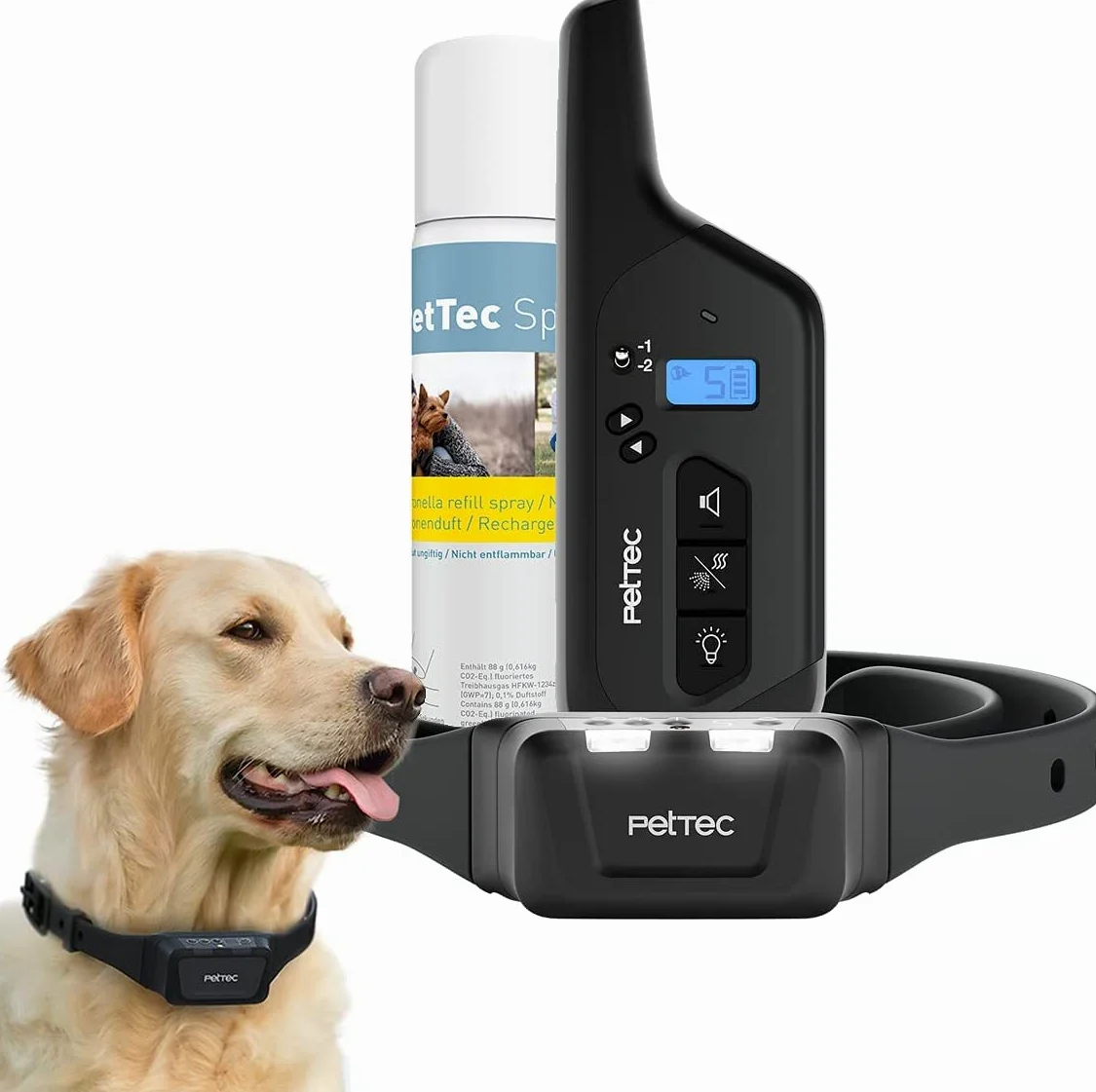 PetTec Collare da Addestramento per Cani con Spray, Portata fino a 600m - Collare a Spray con Telecomando - Impermeabile, Spray Innocuo, Intensità Regolabile - Dispositivo Sicuro per i Cani