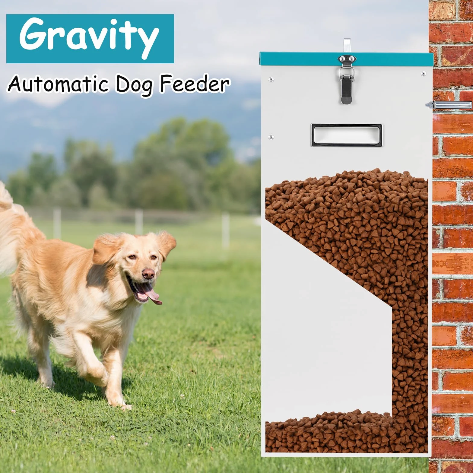 Mangiatoia Automatica a Gravità per 2 Cani, Distributore di Cibo per Cani di Razza Grande in Metallo Zincato con Capacità di 46 Libbre, Mangiatoia Doppia per Animali da Esterno e da Interno