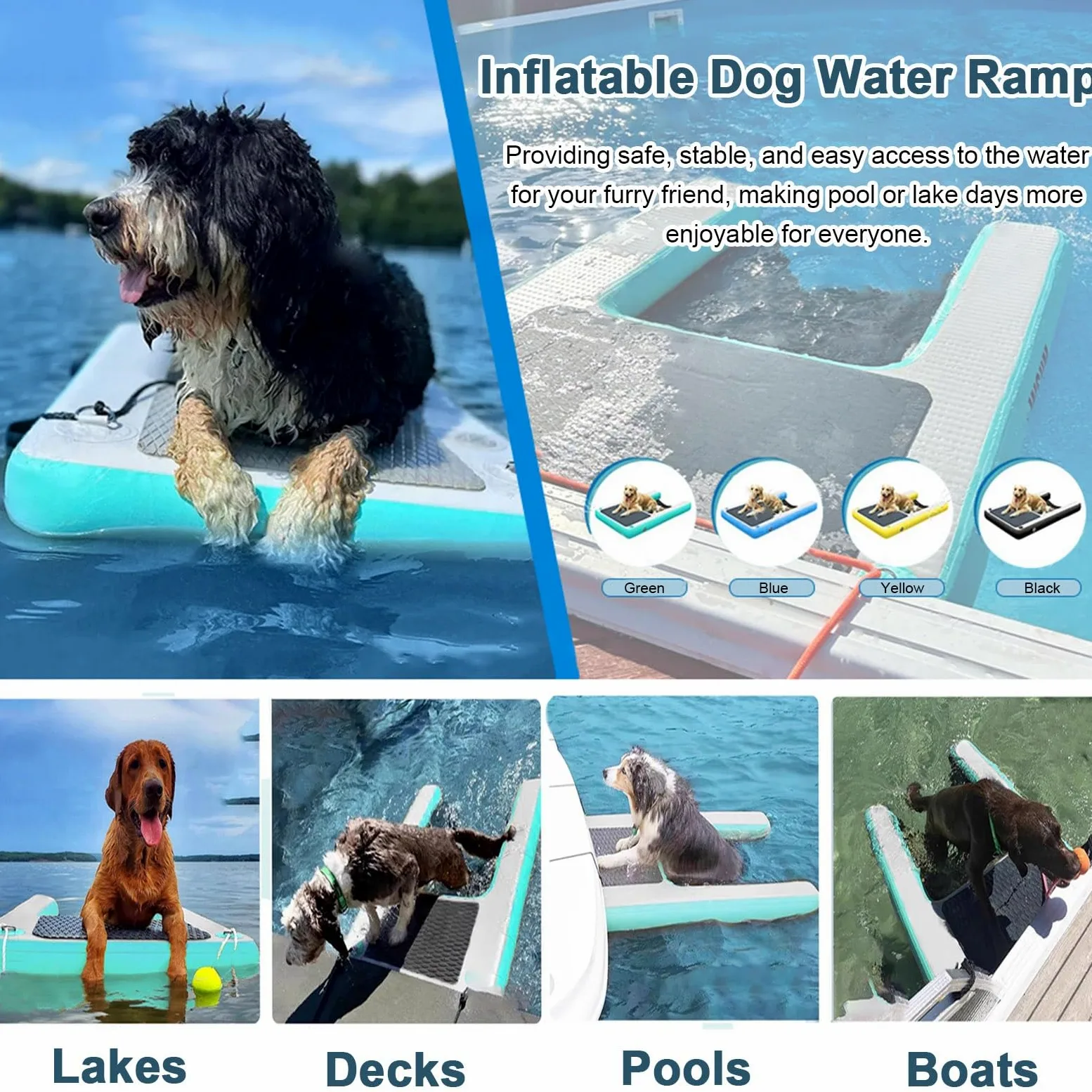 Rampa gonfiabile per cani, pieghevole e portatile, soluzione di accesso all'acqua per animali domestici, include pompa, corda e kit di riparazione per una facile uscita dalla piscina o dal molo
