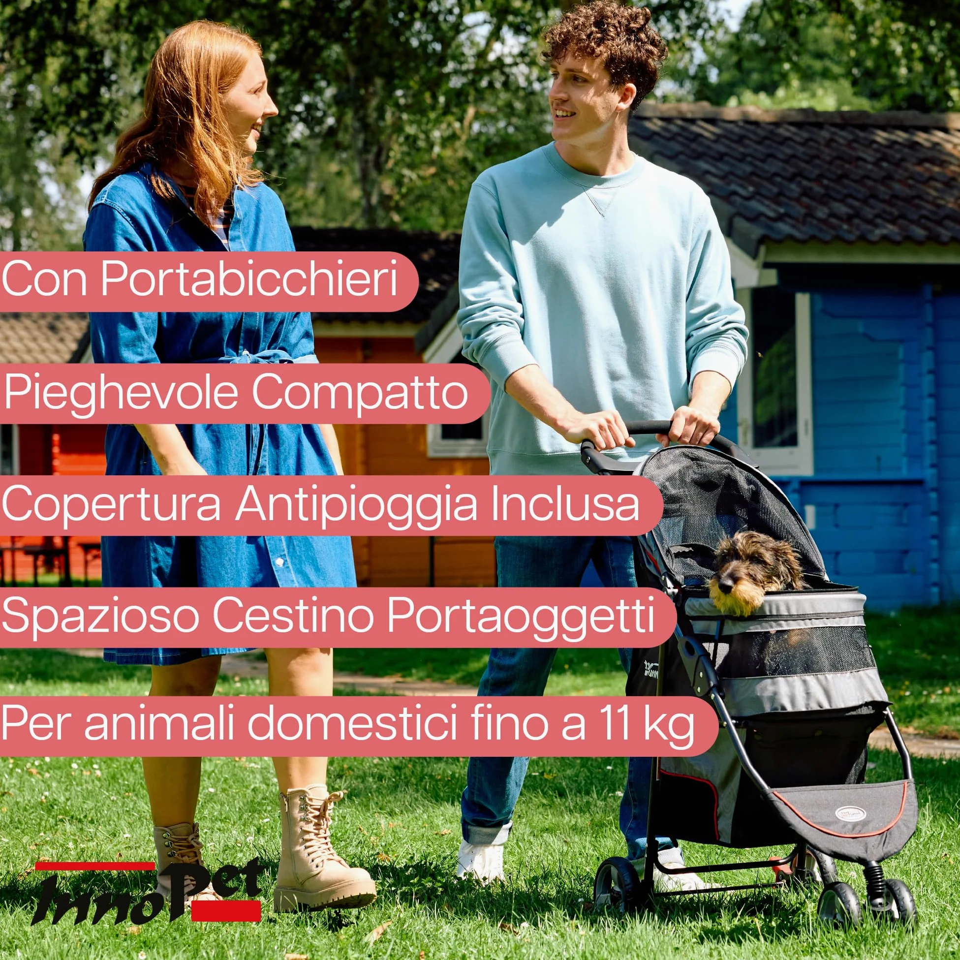 Passeggino leggero Innopet Avenue per cani e gatti, grigio/rosso - Passeggino urbano compatto per animali domestici con copertura antipioggia, cinture di sicurezza e cestino portaoggetti