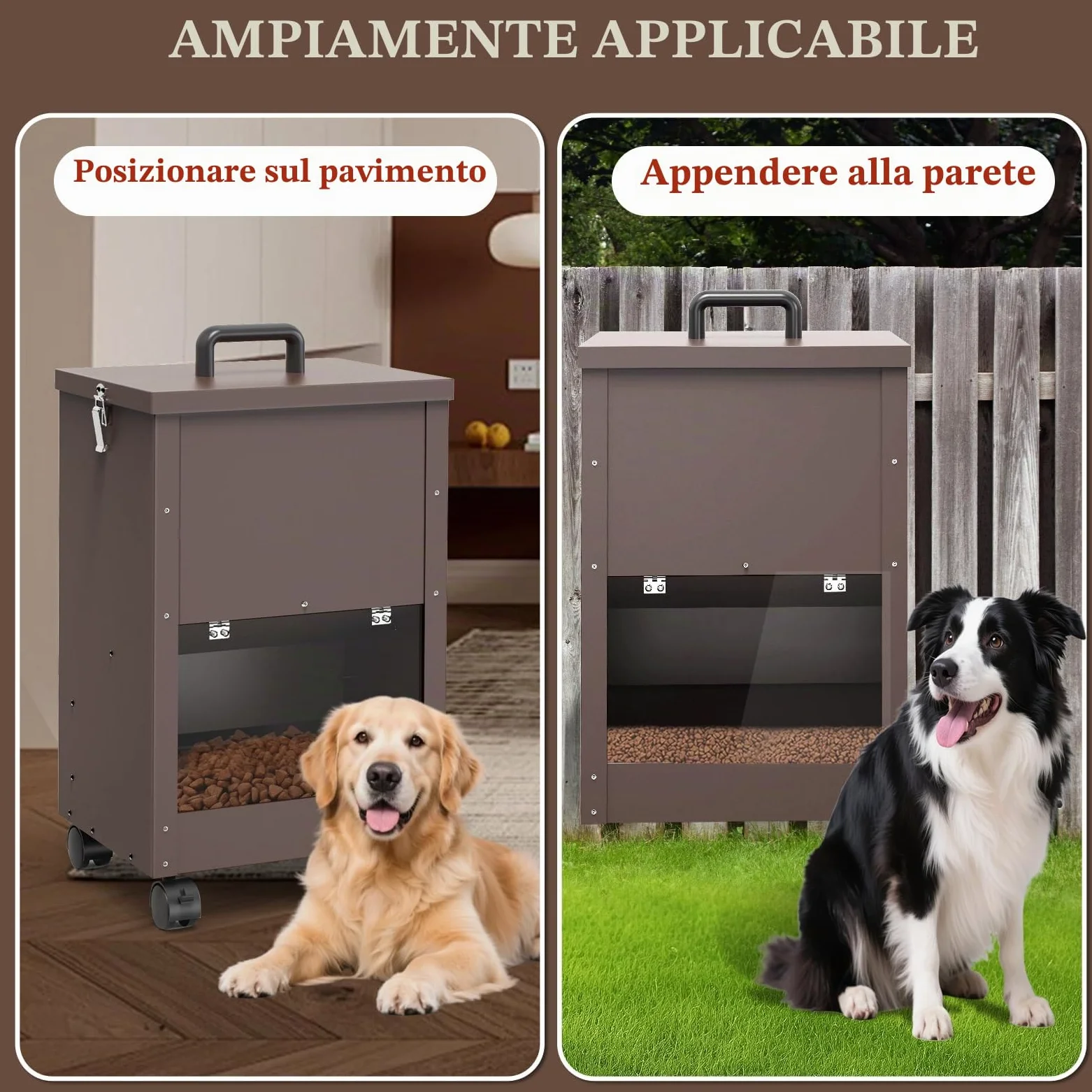 Alimentatore Automatico Per Cani Galvanizzato Per Razze Di Grandi Dimensioni, Distributore Di Cibo Per Cani Da 40L Con Ruote Per Grandi, Alimentatore A Gravità Per Cibo Per Metallico Brun