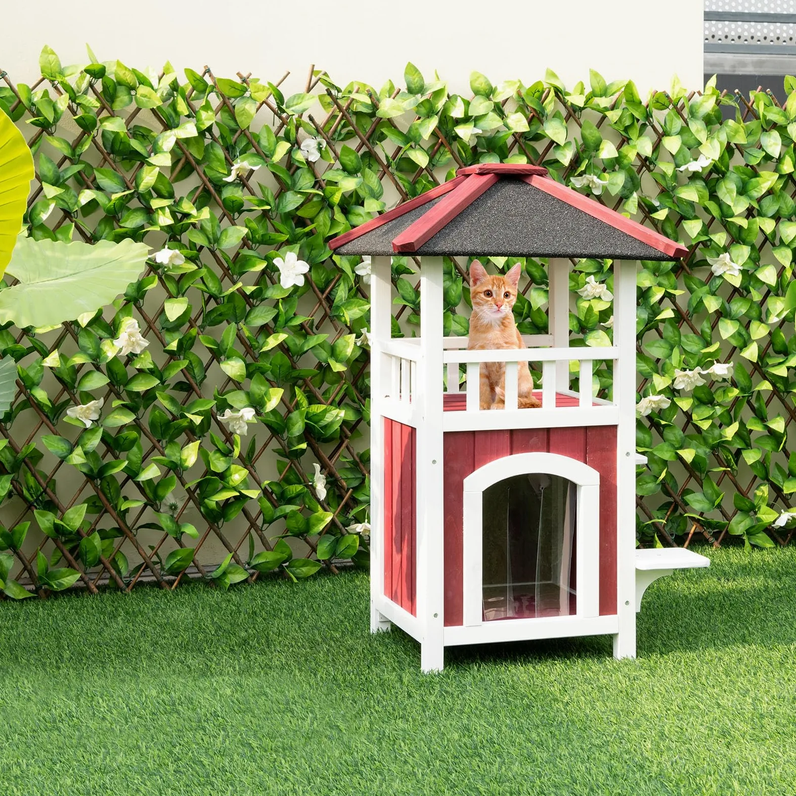 COSTWAY Cuccia per Gatti da Interno ed Esterno, Gasetta per Gatti in Legno a 2 Livelli con Tetto in Asfalto e 2 Piattaforme per Saltare, Casa per Gattini Impermeabile, 58 x 50 x 87 cm