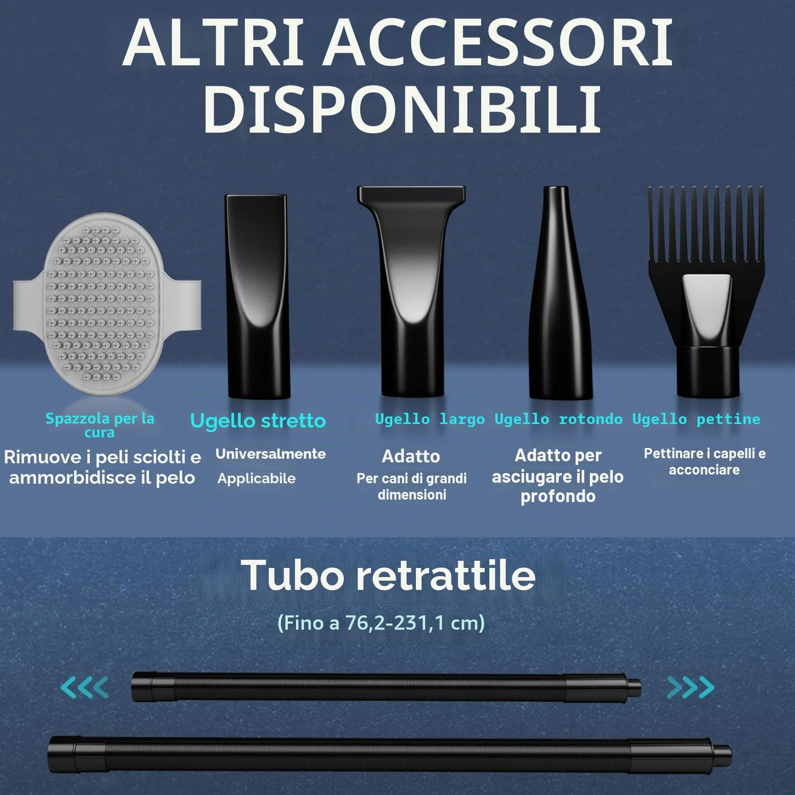 Soffiatore per Cani Blower Molto Silenzioso, 5,2 CV/3800 W, velocità Regolabile, Ventilatore per la Cura del Cane con 4 Diversi ugelli, Tubo Elastico e Spazzola per la Cura (Nero)