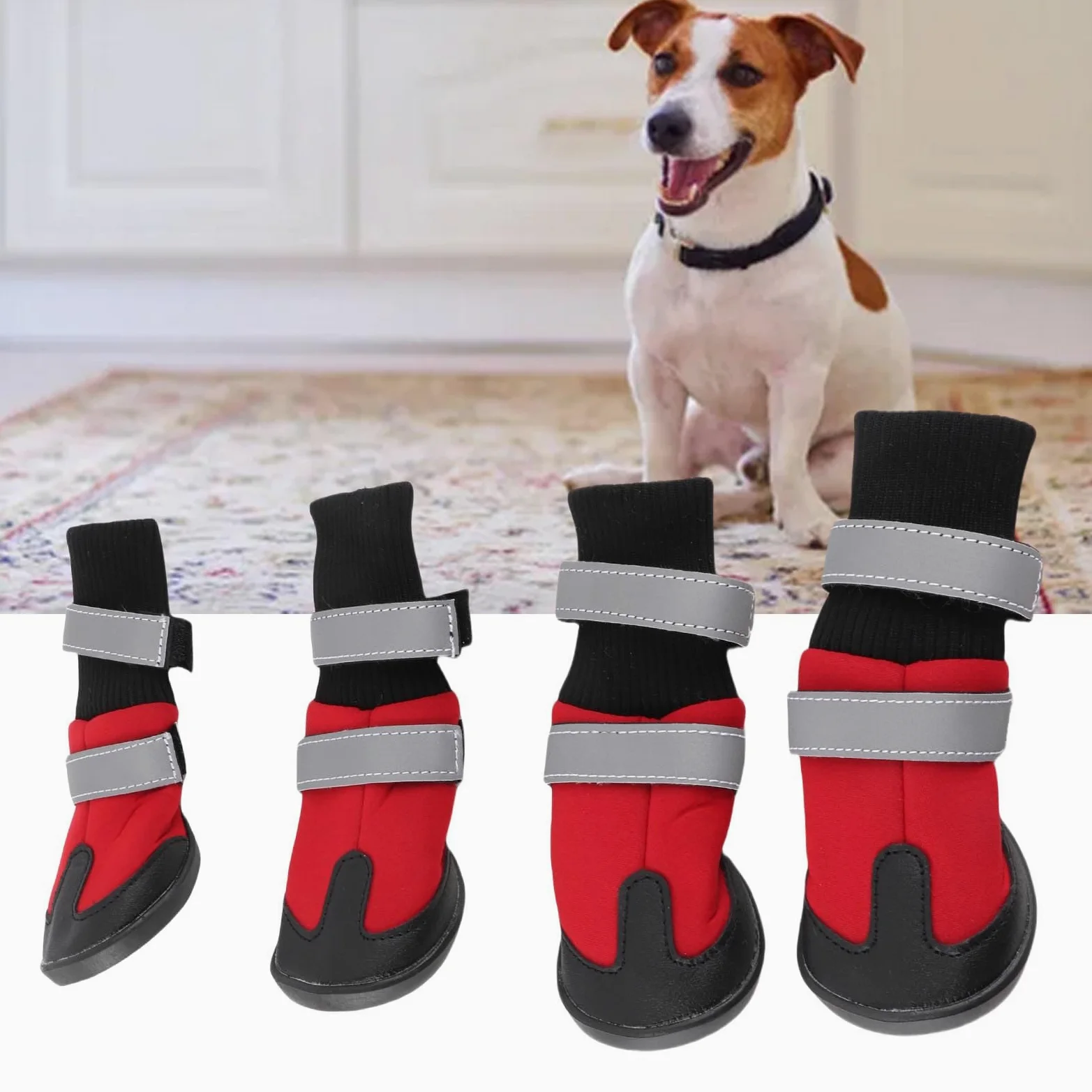 Stivali per Cani 4 Pezzi Scarpe protettive Antiscivolo Nere per Cani da Compagnia Stivali protettivi Caldi Impermeabili per Cani di Taglia Media e Grande(Rosso L)