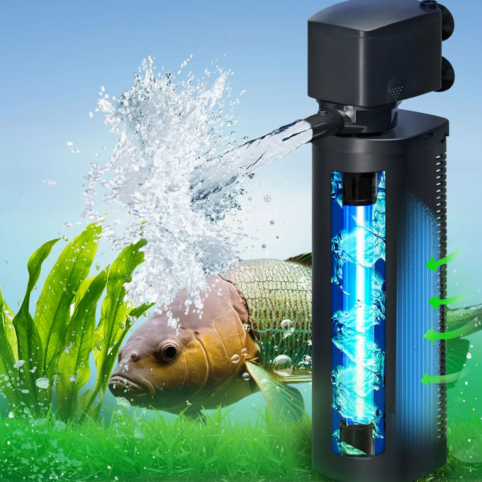 Filtro acquario 660GPH sterilizzatore UV per acquario per 100-400 galloni pompa potente 24V DC per grande filtro per immersione a freddo per laghetto Koi macchina verde uccidere con rimozione