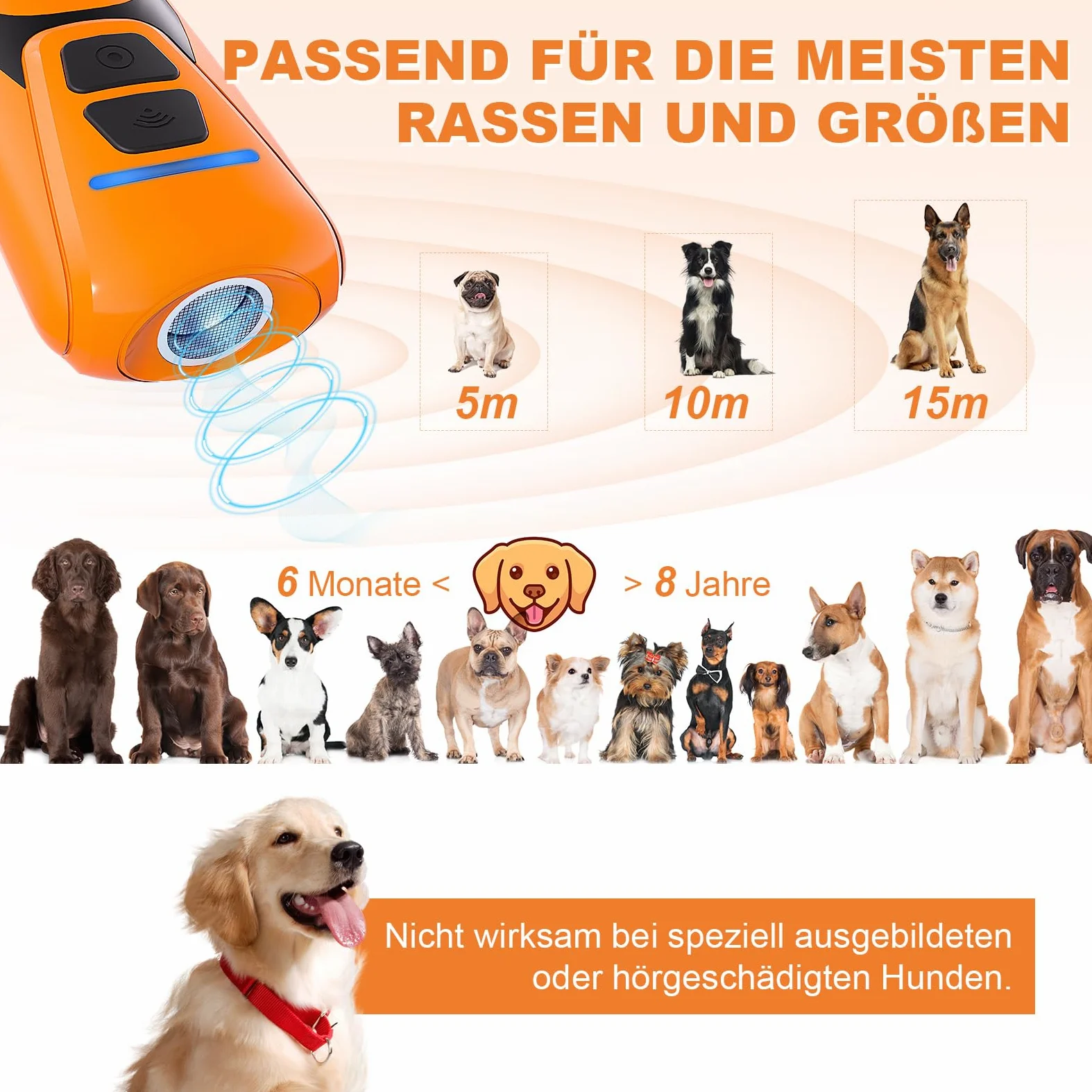 Antiabbaio per Cani Ultrasuoni, Dispositivo Portatile con Dissuasore per Cani a 15M - Ultrasuoni Sicuro, 30 Giorni Autonomia, Interni ed Esterni