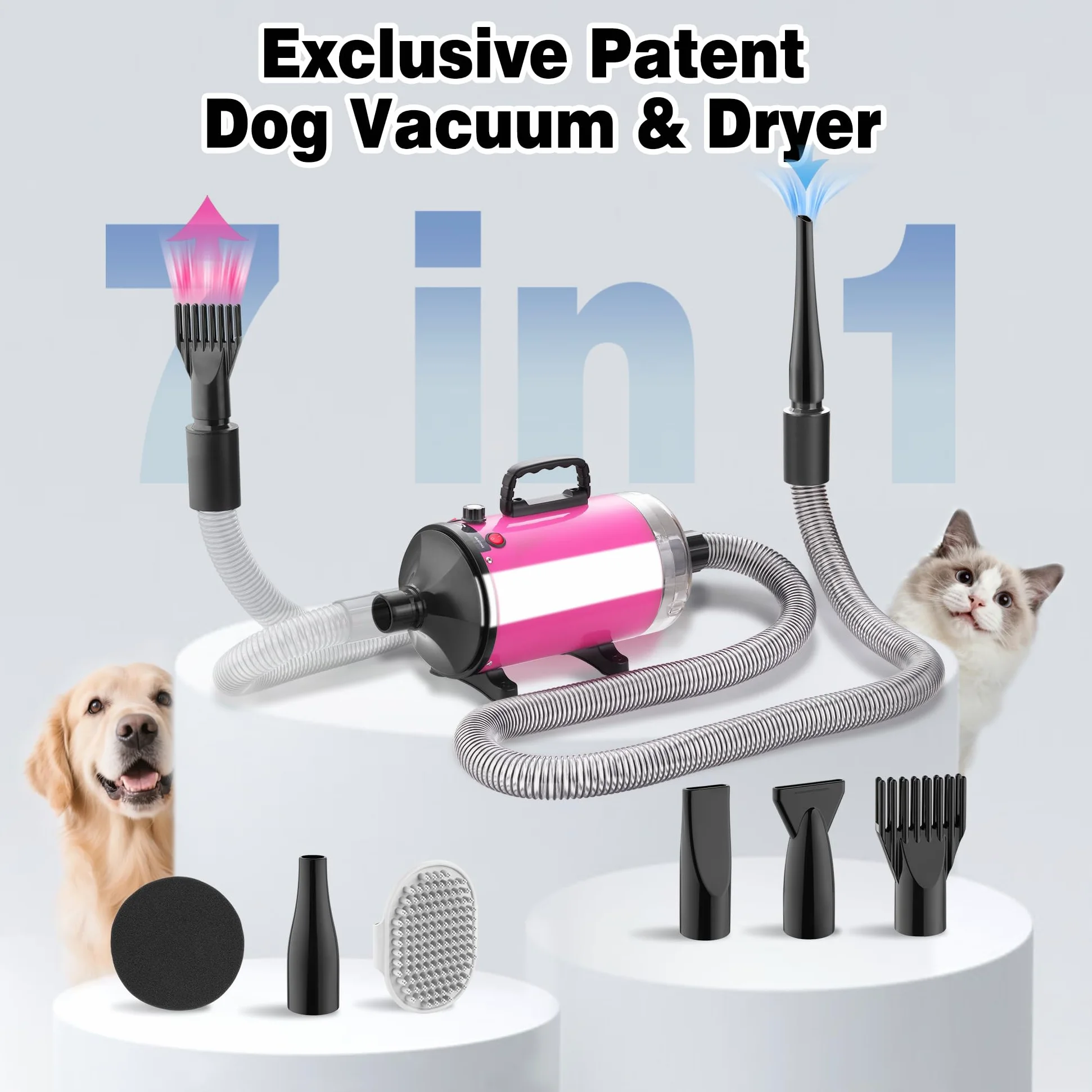 DEWINNER Asciugacapelli per cane Blower 3800 W, Pulsore per cani con aspirapolvere, velocità e temperatura regolabili, 5 ugelli, tubo elastico e spazzola di manutenzione