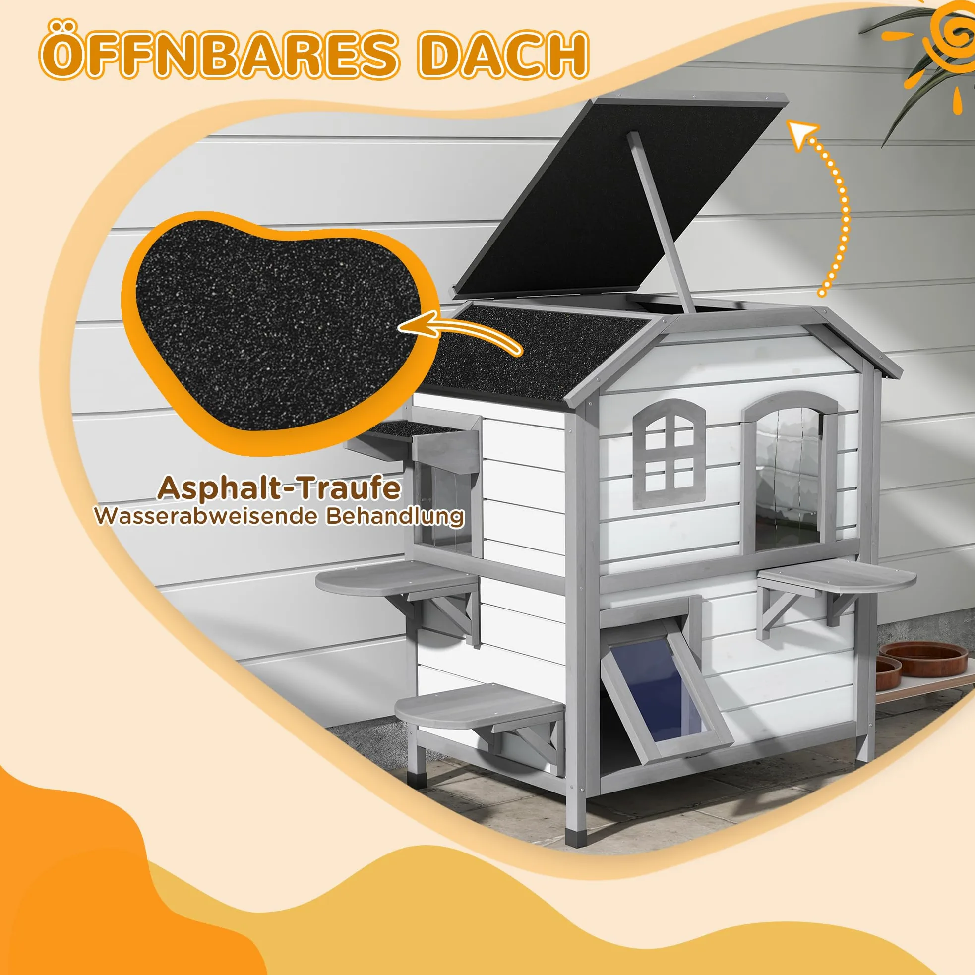 PawHut Casetta per Gatti Con Tetto in Asfalto, da Esterno Con Scale, Villa a 2 Piani, Impermeabile, da Giardino, in Legno di Abete, Bianco, 78 x 55,5 x 91 cm