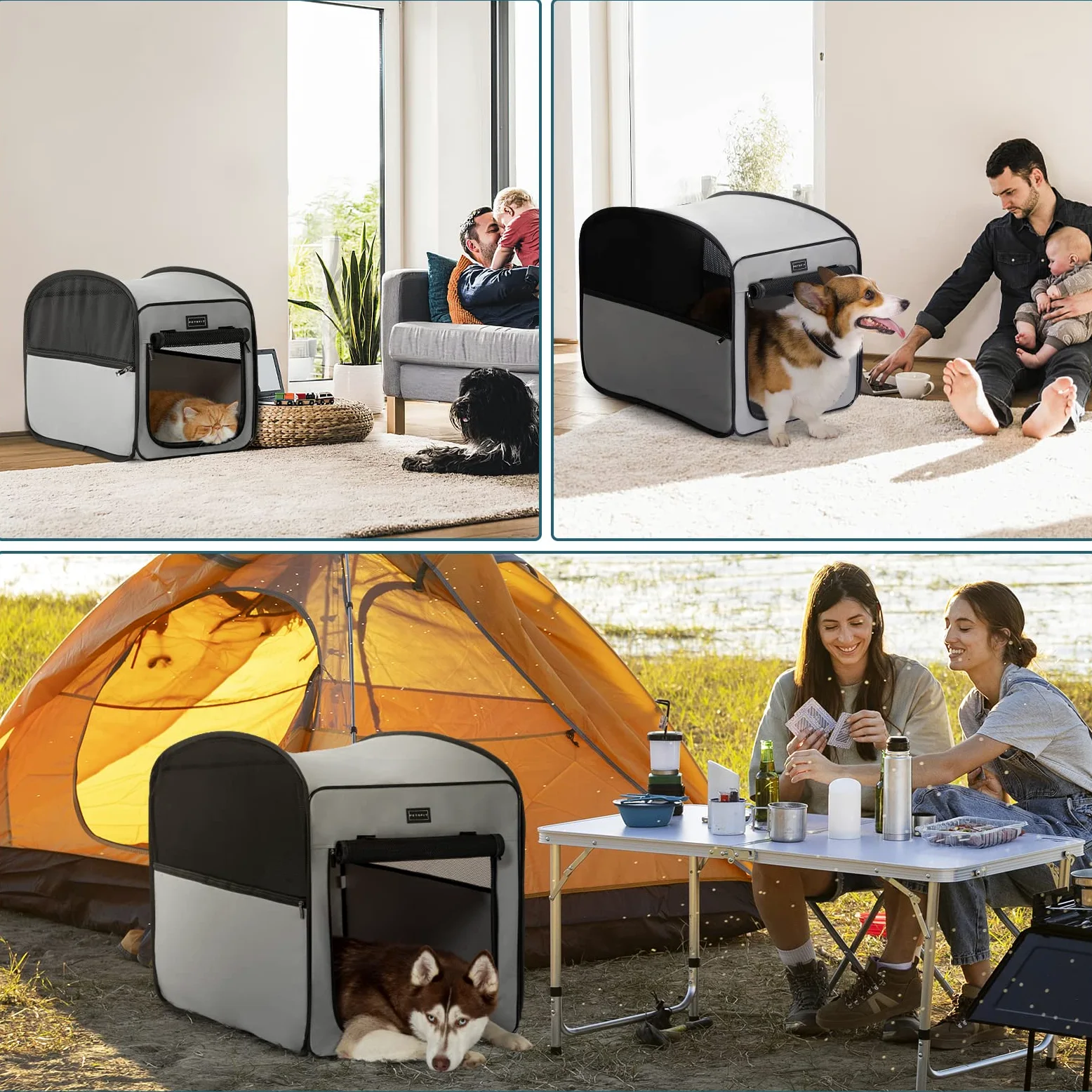 Petsfit Trasportino per Cani, Pop-up design, Box per Cani Portatile con Tappetino, Adatto per Camere o da Viaggio, Grigio Chiaro 79.5x67x44 cm