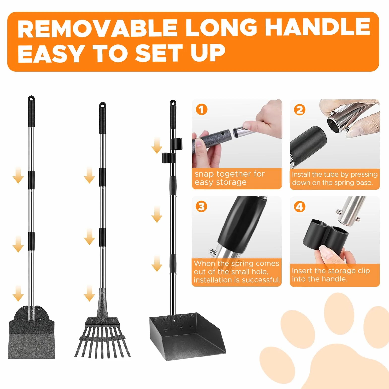 Paletta Raccogli Cacca Cani, Raccogli Cacca Cane per Paletta 96cm | Set di Pooper Scooper con Manico Lungo Regolabile, Rastrello e Vassoio, Set 3 Pezzi, Palette per Escrementi per Prati/Cortili
