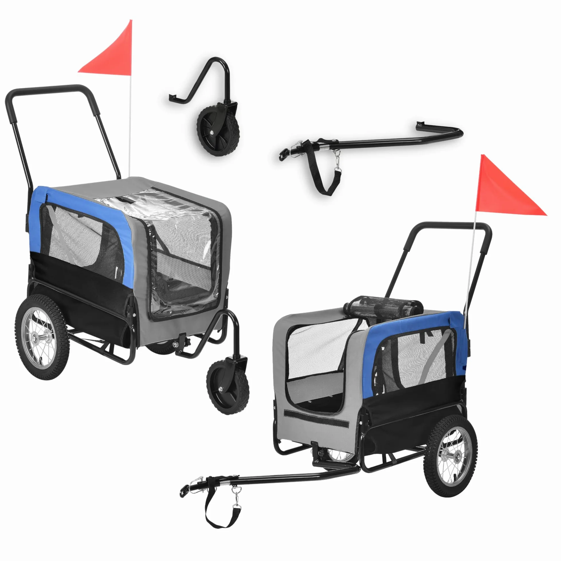 pro.tec Rimorchio 2 in 1 per Bicicletta e Passeggiata per Cani e Animali Domestici Fino a 20 kg Carrello con Ruote Pneumatiche Copertura Impermeabile - Blu-Grigio-Nero