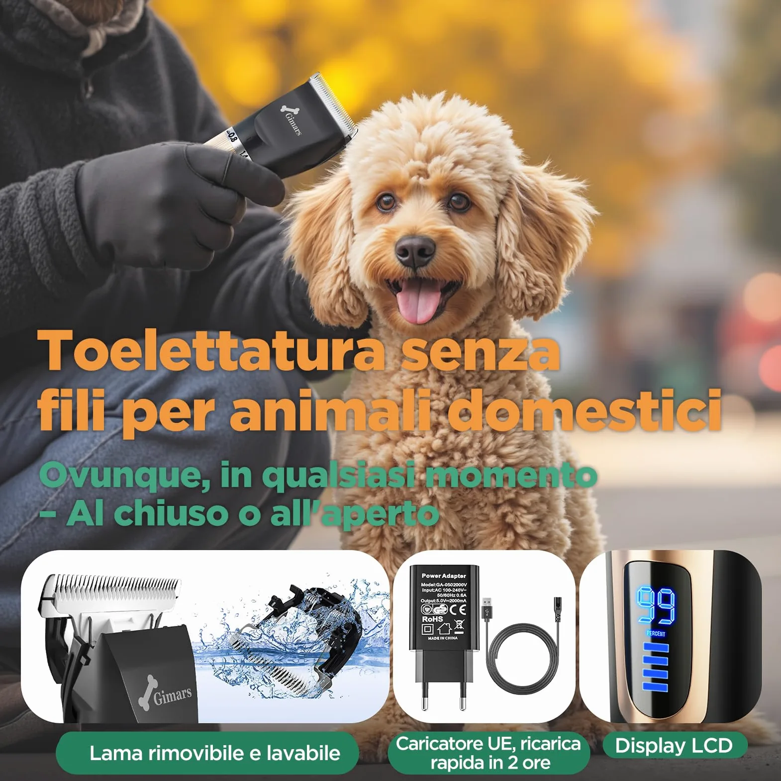 Gimars Silenzioso Tosatrice per Cani Professionale, Impermeabile IPX7 Rasoio per Cani Pelo Lungo, Macchinetta per Gatti, Dorata