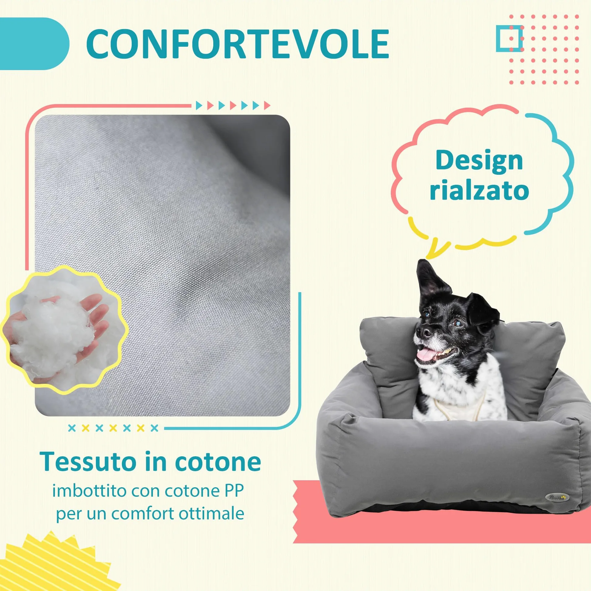 PawHut Seggiolino Auto per Cani di Piccola Taglia, Cuccia per Auto in Cotone Sfoderabile e Lavabile con Cinture di Sicurezza, Grigio Scuro
