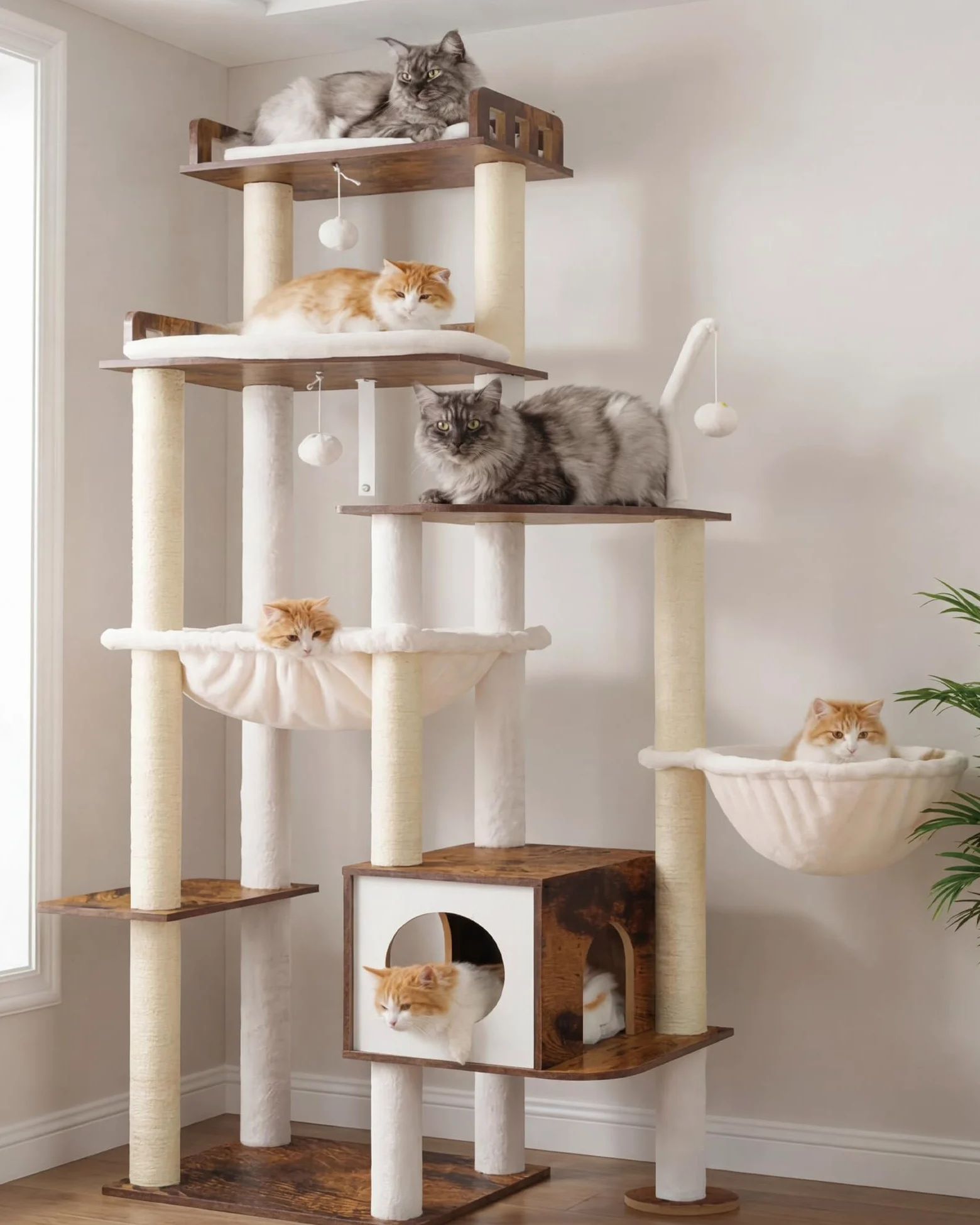 Heybly Tiragraffi per Gatti, Albero in Legno da 179 cm per Gatti Grandi, Struttura Ultra-Stabile, Arredo Moderno con Rivestimento in Sisal Totale, Condo e Amache, Marrone Vintage HCT121SR